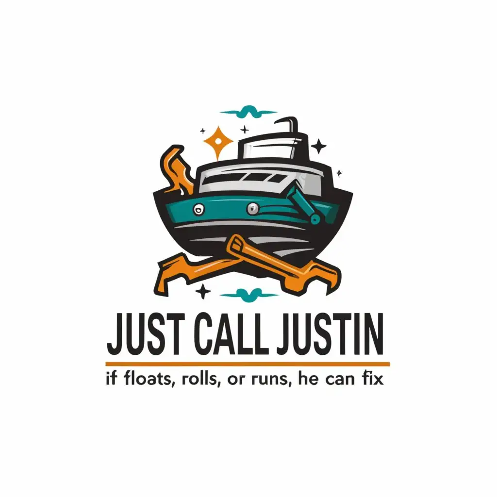 a logo design,with the text "Just call Justin, If it floats rolls or runs he can fix it", main symbol:boat, tools,Moderate,be used in Automotive industry,clear background