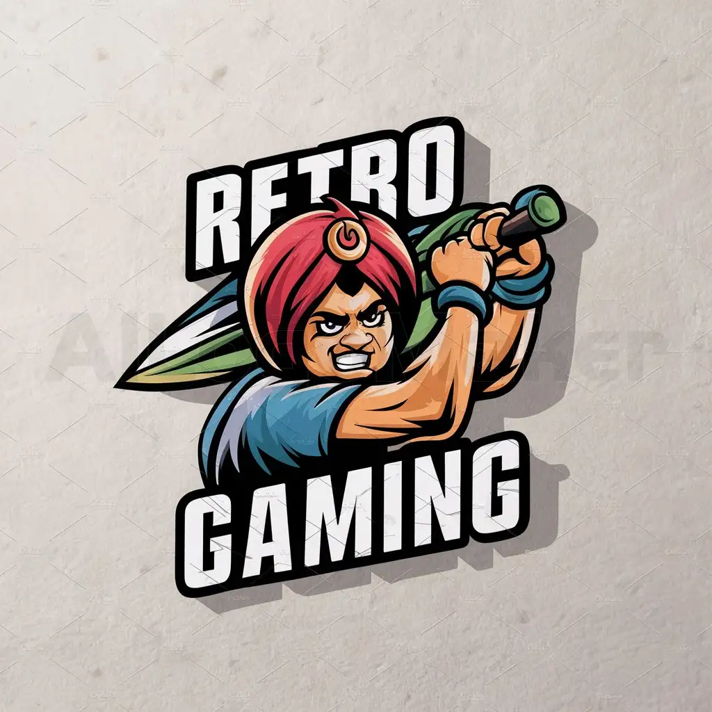 a logo design,with the text "Retro gaming", main symbol:angry sikh boy woth weapon,Moderate,be used in gaming industry,clear background