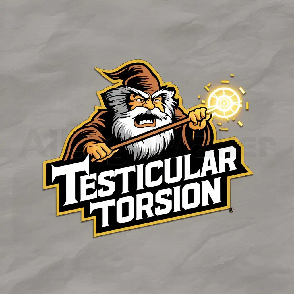 a logo design,with the text "Testicular Torsion", main symbol:logo Angry wizard casting a spell,Moderate,clear background