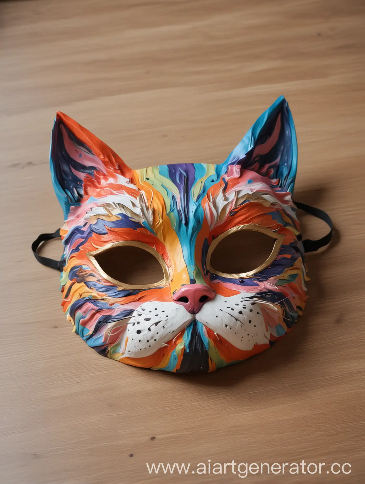 A multicolored cat mask is lying on the table