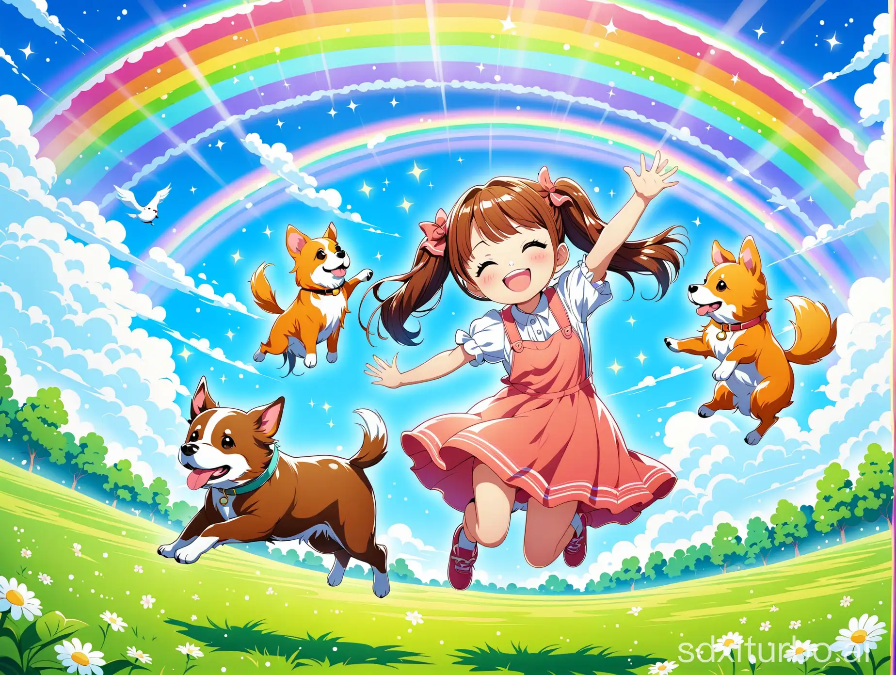 Joyful-Girl-with-Pigtails-and-Jumping-Dog-Under-Rainbow