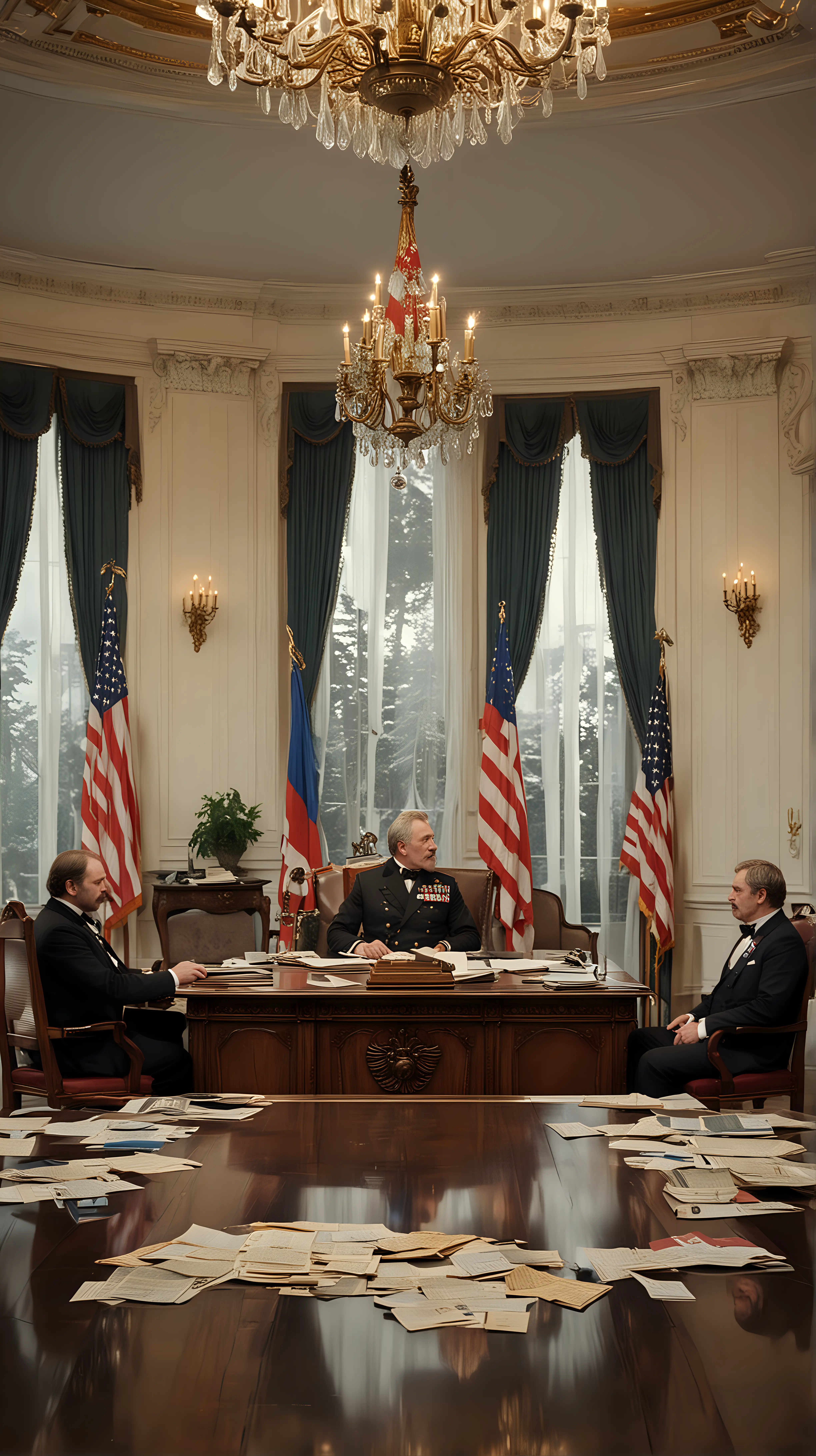 Design a captivating cover image for a video titled 'The Alaska Purchase: A Historical Turning Point'. The image should feature a dramatic depiction of the negotiation scene between representatives of Russia and the United States. Show Tsar Alexander II and Secretary of State William Seward facing each other across a table, surrounded by diplomats and officials. The background should include iconic elements such as the Russian flags and American flags, a map of Alaska, and historical documents. Use lighting and composition to convey the gravity and significance of this pivotal moment in history. Hyper realistic