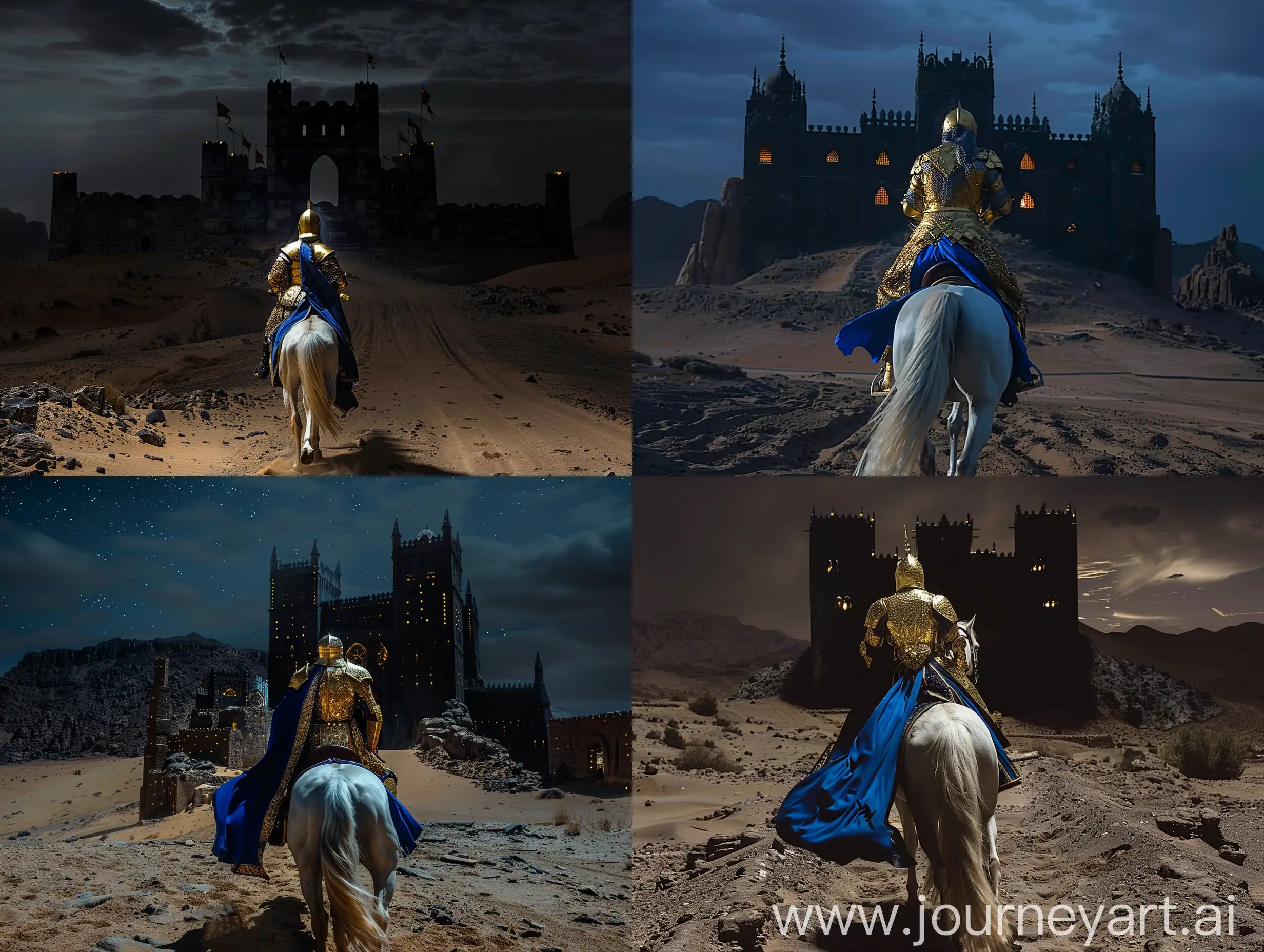 Full shot of a man in golden armor and blue dress riding a white horse entering a black castle in the middle of the desert at night, angle shot from behind the man, cinematic lighting