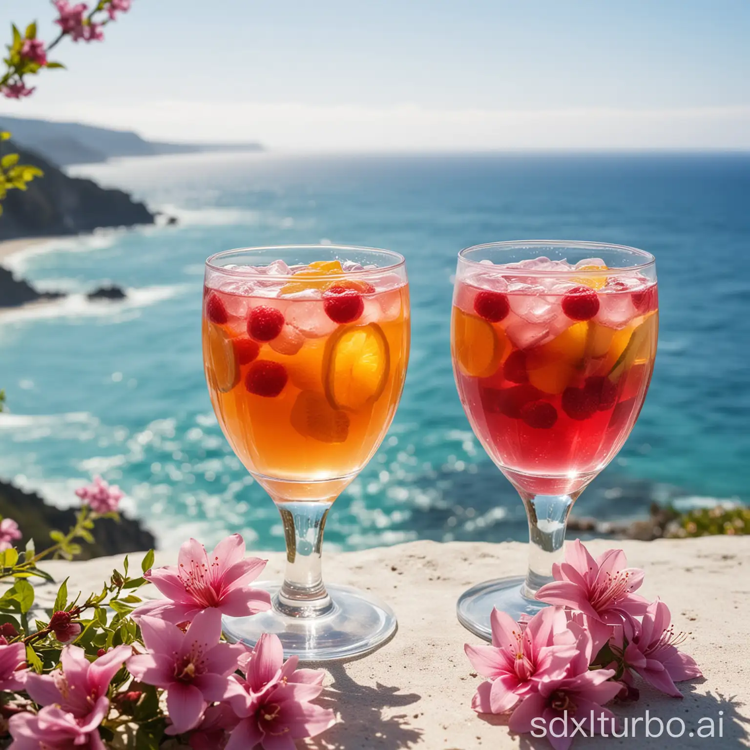 Two transparent cups filled with fruit drinks, sparkling and clear, with a background of ocean filled with beautiful flowers.