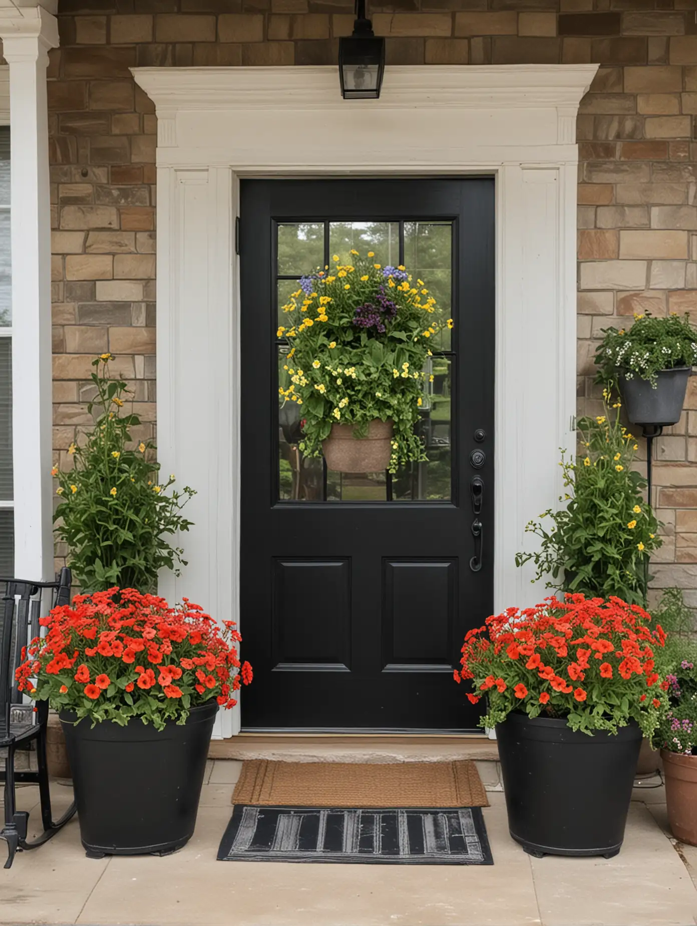 A farmhouse porch with a black door and containers of potted summer annuals on each side. super realistic