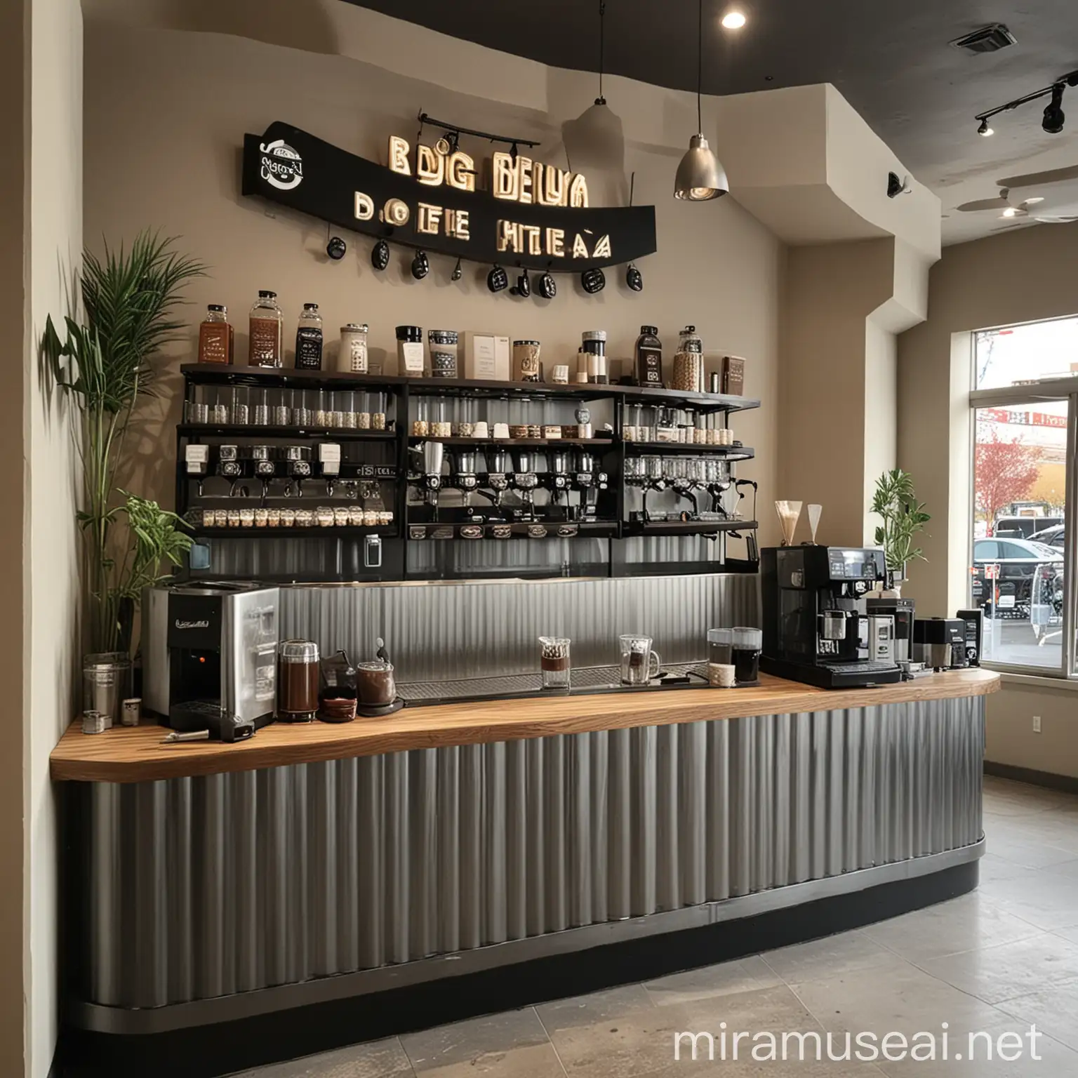 Modern Coffee Shop in a Furniture Mall with Stainless Steel Bar