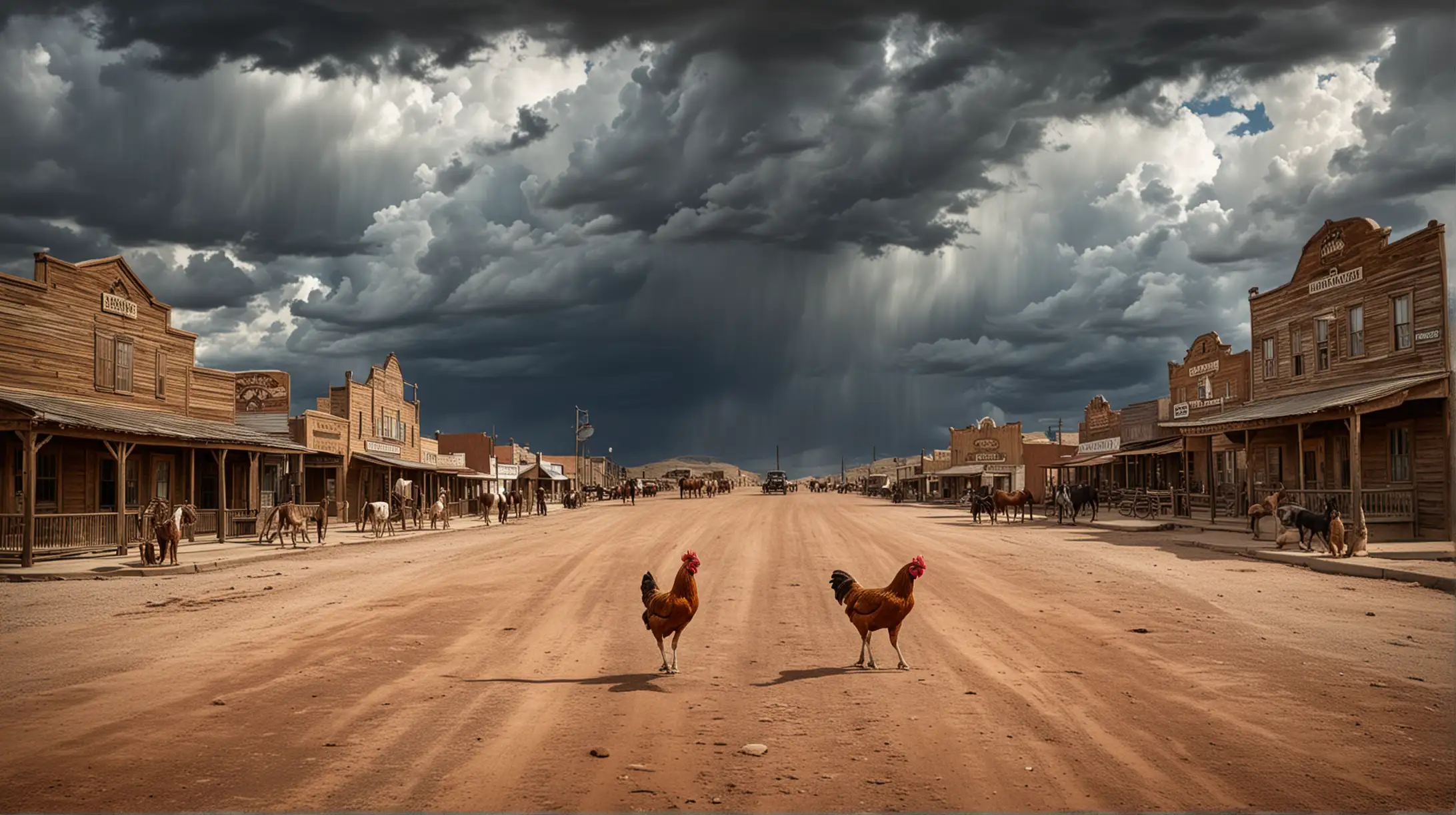 chicken crossing the road, old western town, horses, dramatic sky.