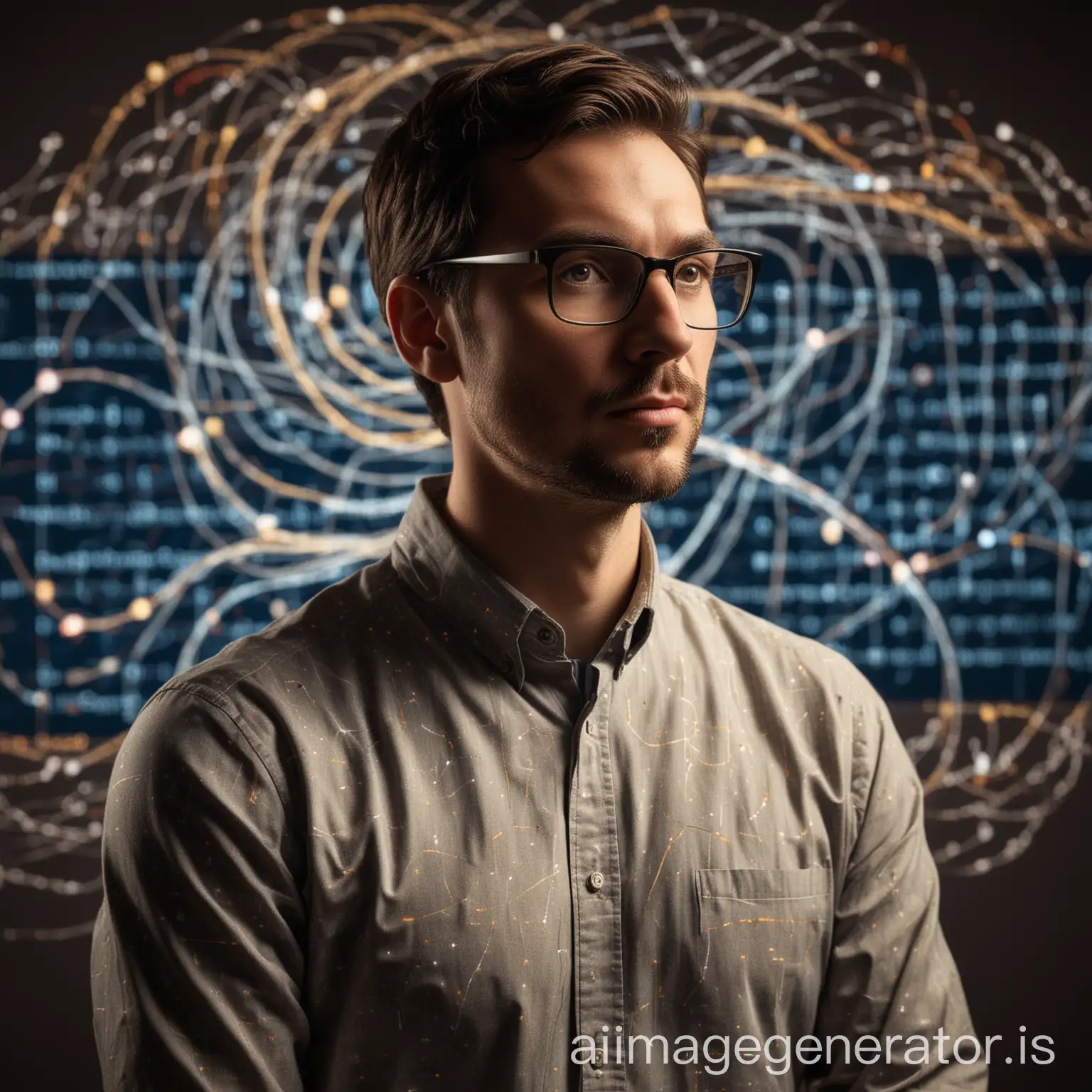 A man data analyst teacher stands confidently in front of a camera, bathed in warm, focused light that accentuates their enthusiasm. Behind them, a mesmerizing design of interconnected data nodes and vibrant visualizations swirls, hinting at the vast potential of data analysis.