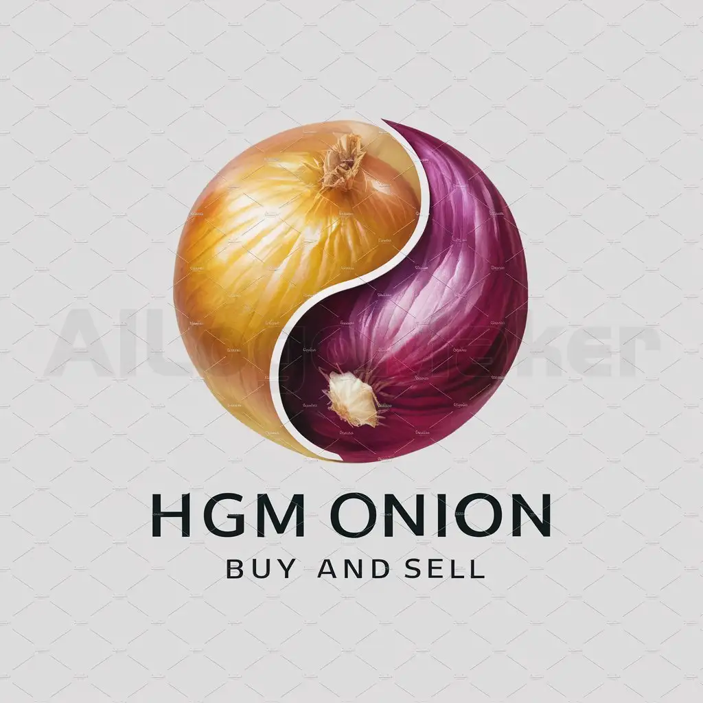 a logo design,with the text "HGM ONION BUY AND SELL", main symbol:Yin is for realistic yellow onion drawing skin and yang for realistic red onion drawing skin,complex,be used in Retail industry,clear background