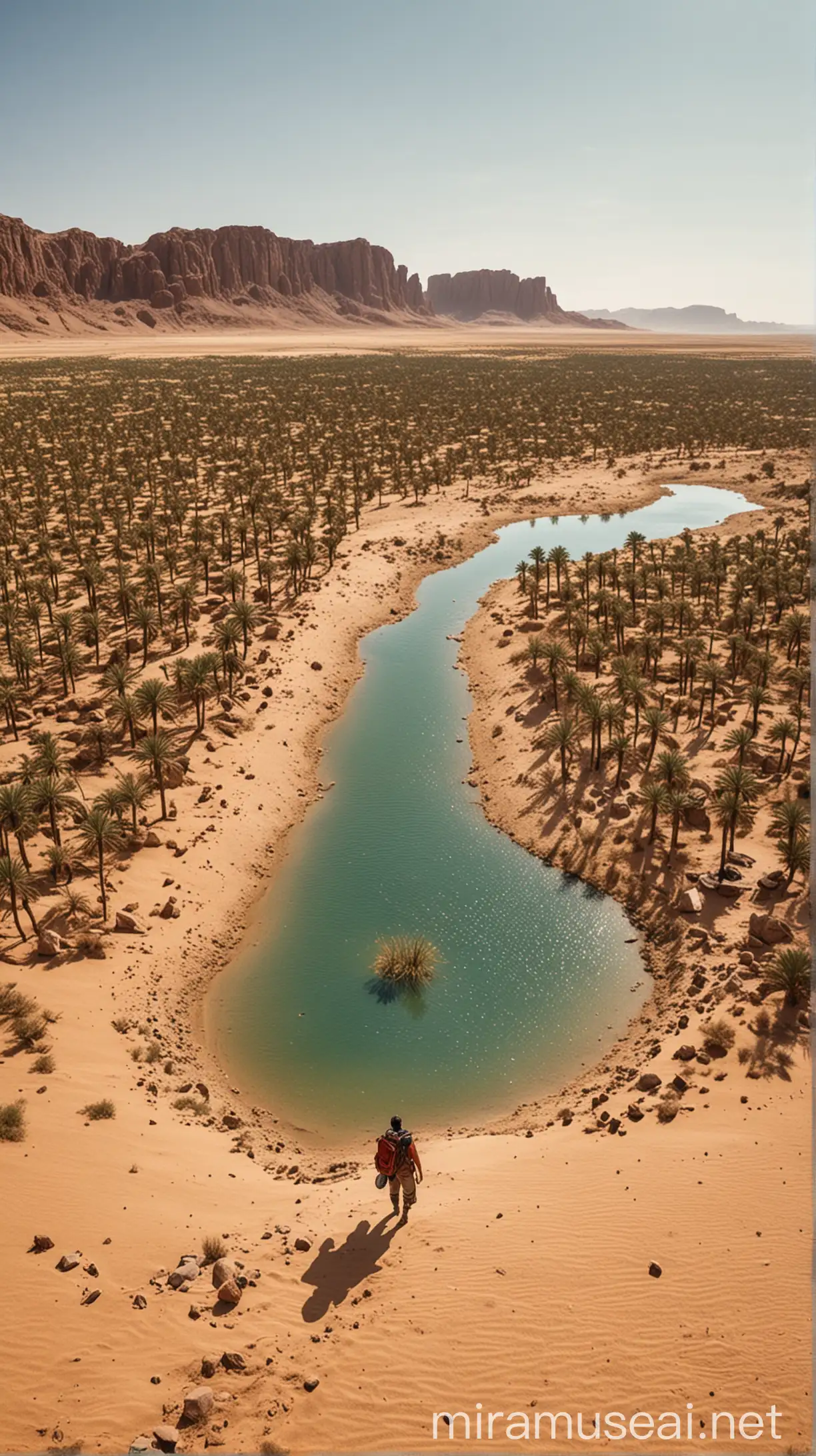 Lost Traveler Discovers Oasis in Desert Landscape