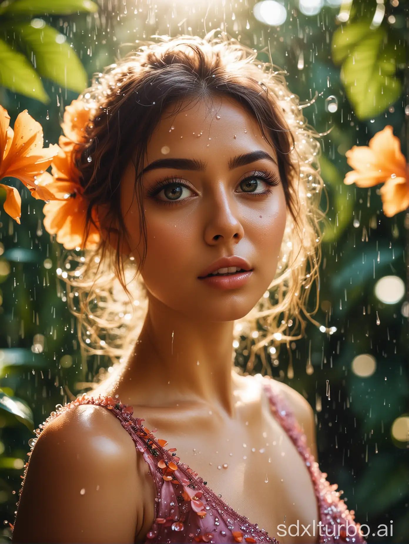 Water droplets on tropical flowers, beautiful girl, dress, dance of glowing petals, big eyes, lush eyelashes, 128k, aesthetically pleasing, beautiful, bright lighting
