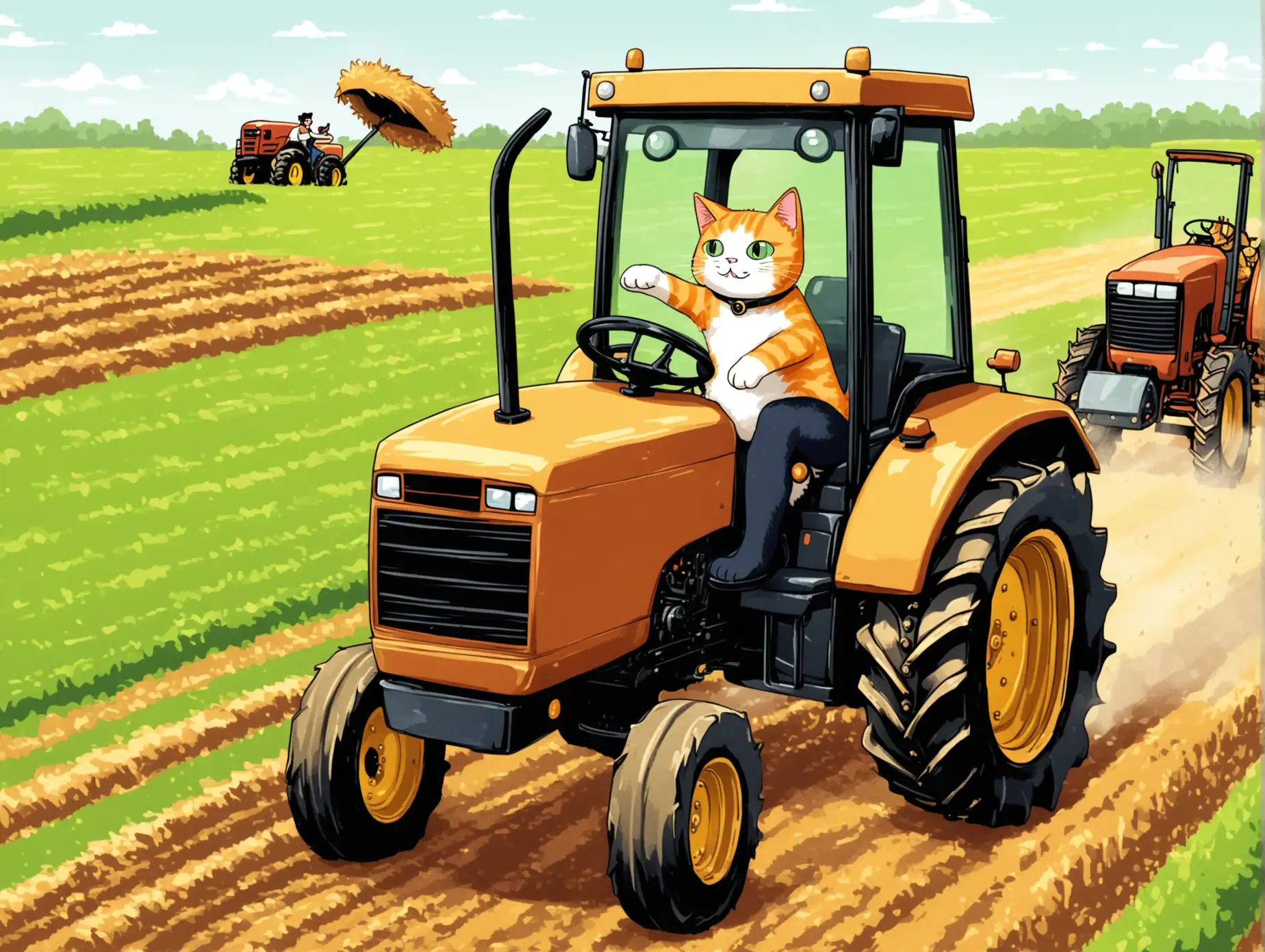 Кот за рулём трактора, управляет им