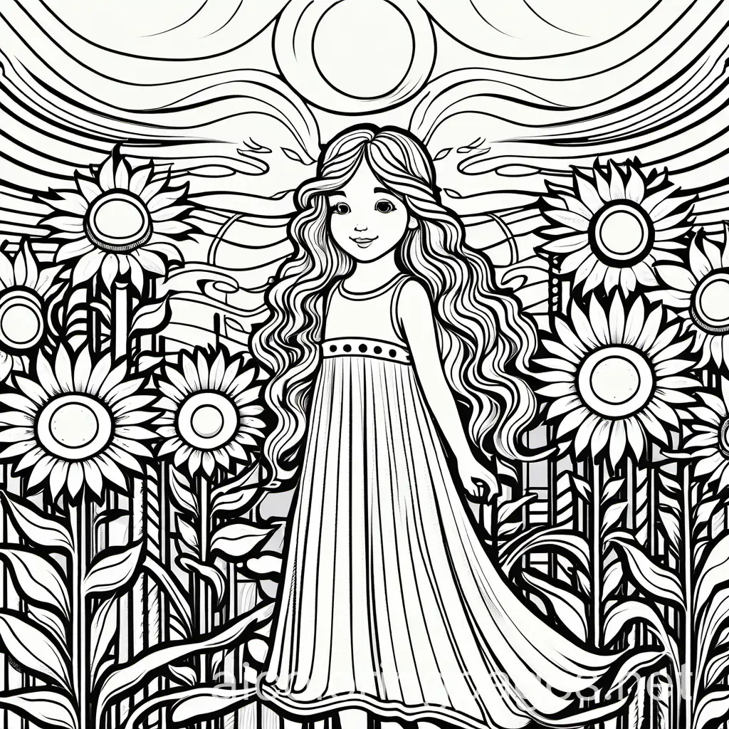 Enchanting-Coloring-Page-of-CurlyHaired-Girl-and-Sunflowers-with-Fairies