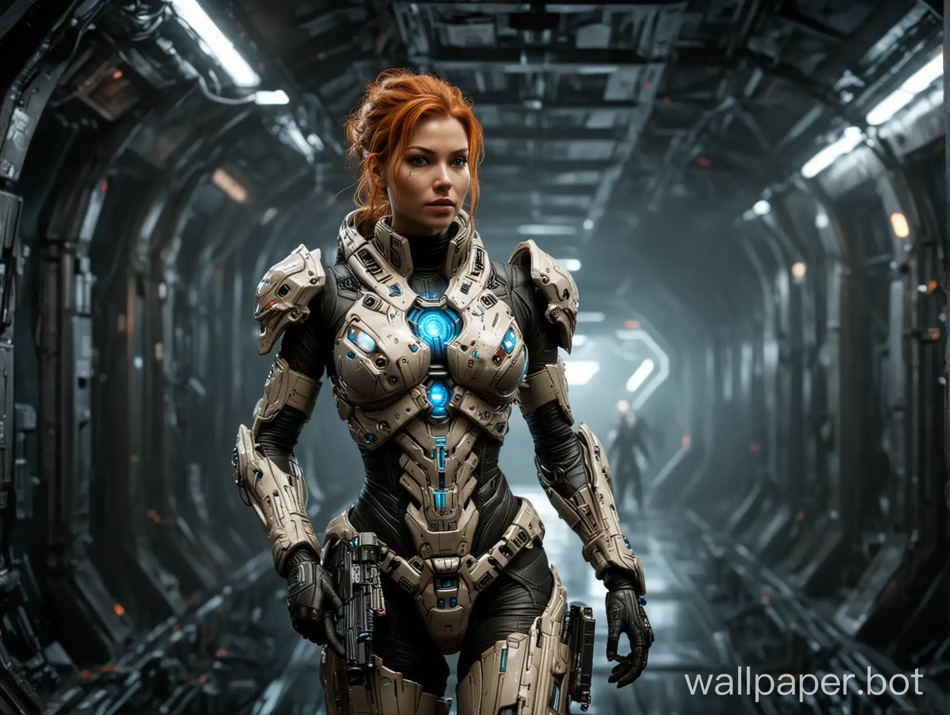 Sarah Kerrigan from the game Starcraft in futuristic armor with a laser gun walks down the corridor of a spaceship, dark background, in the genre of science fiction