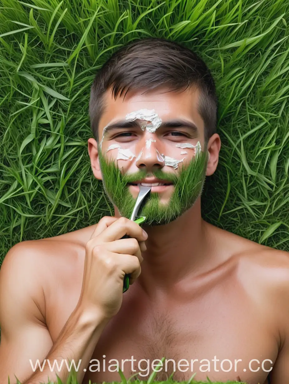 Man-Cutting-Grass-While-Shaving-Face