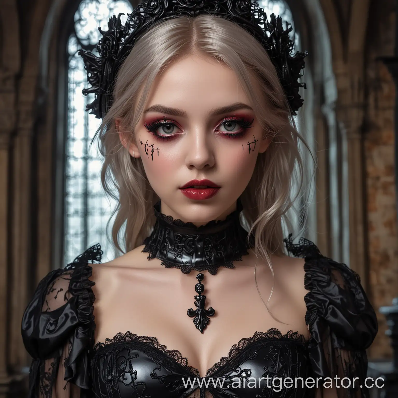 Seductive-NeoGothic-Girl-in-Revealing-Attire-Sensual-Pose-with-Bright-Makeup