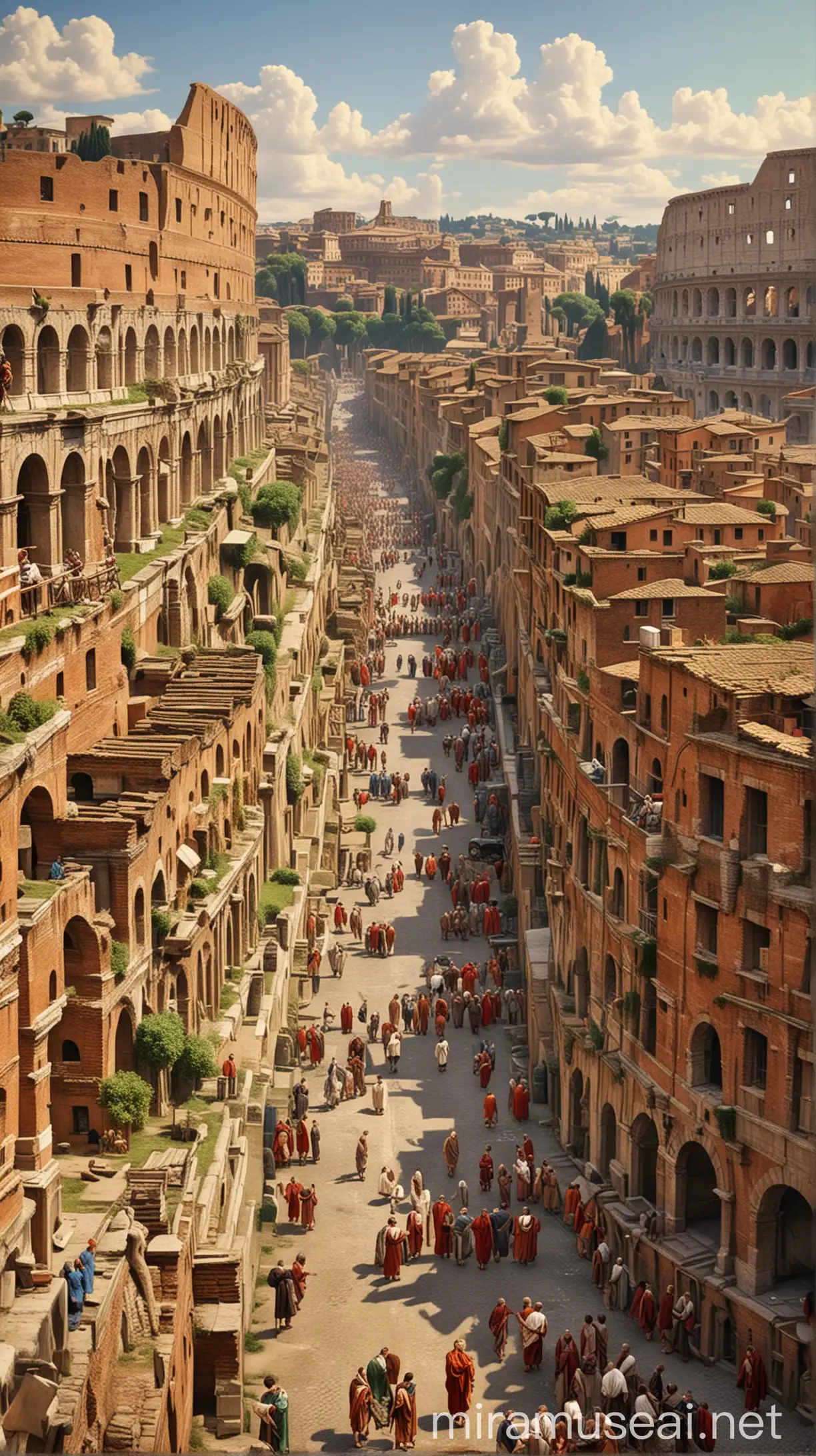 Illustrate a vibrant scene of Rome in the 1st century AD. Include architectural landmarks like the Colosseum and typical Roman streets bustling with life. Ensure the atmosphere reflects the era, with people in traditional Roman attire engaging in daily activities."In the ancient world 