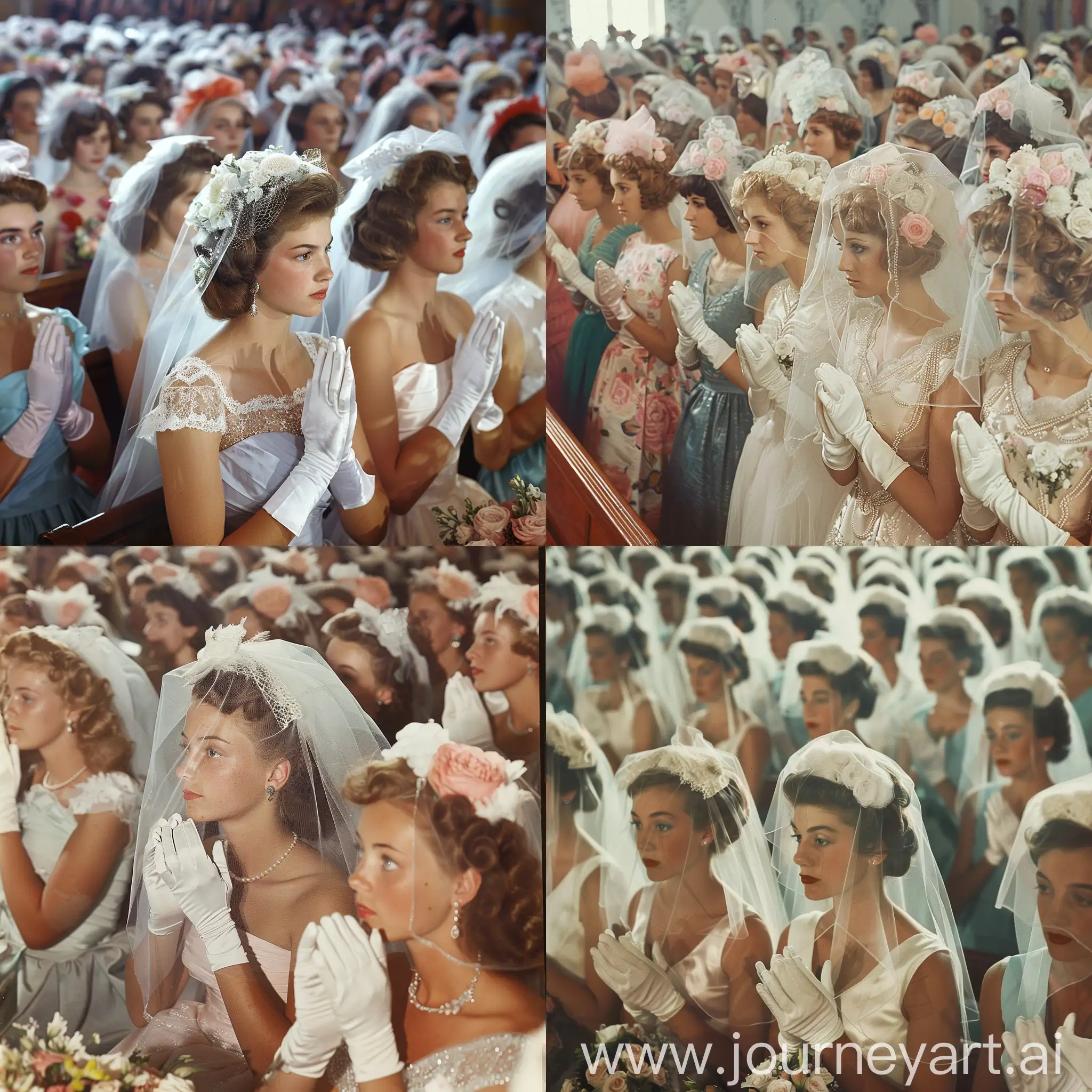 Elegant-Brides-in-Veils-and-Bouquets-Fill-a-Crowded-Church