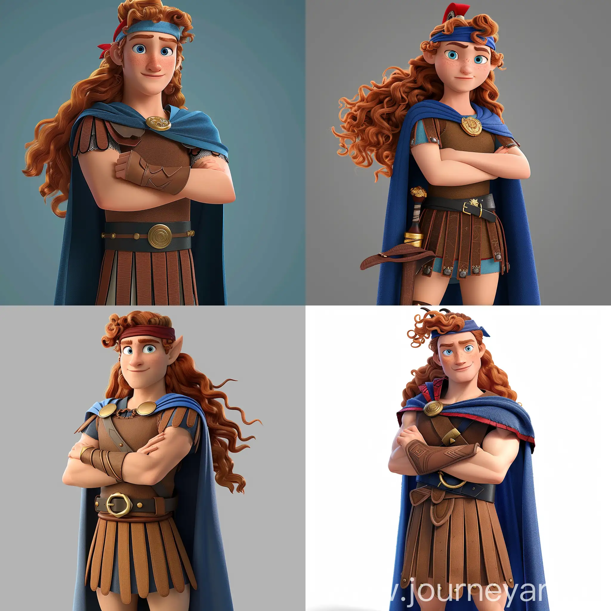 Scene from Pixar cartoon movie A young muscular and athletic man, long wavy red hair down to the shoulders with a curly topknot, light blue eyes, confident expression, wearing a short brown Greek tunic, black belt with a golden buckle, brown leather bracers, brown leather sandals up to the calf, blue cape fastened at the shoulders, red headband across the forehead, standing with arms crossed over his chest, smooth and well-defined facial features. Scene from Pixar cartoon