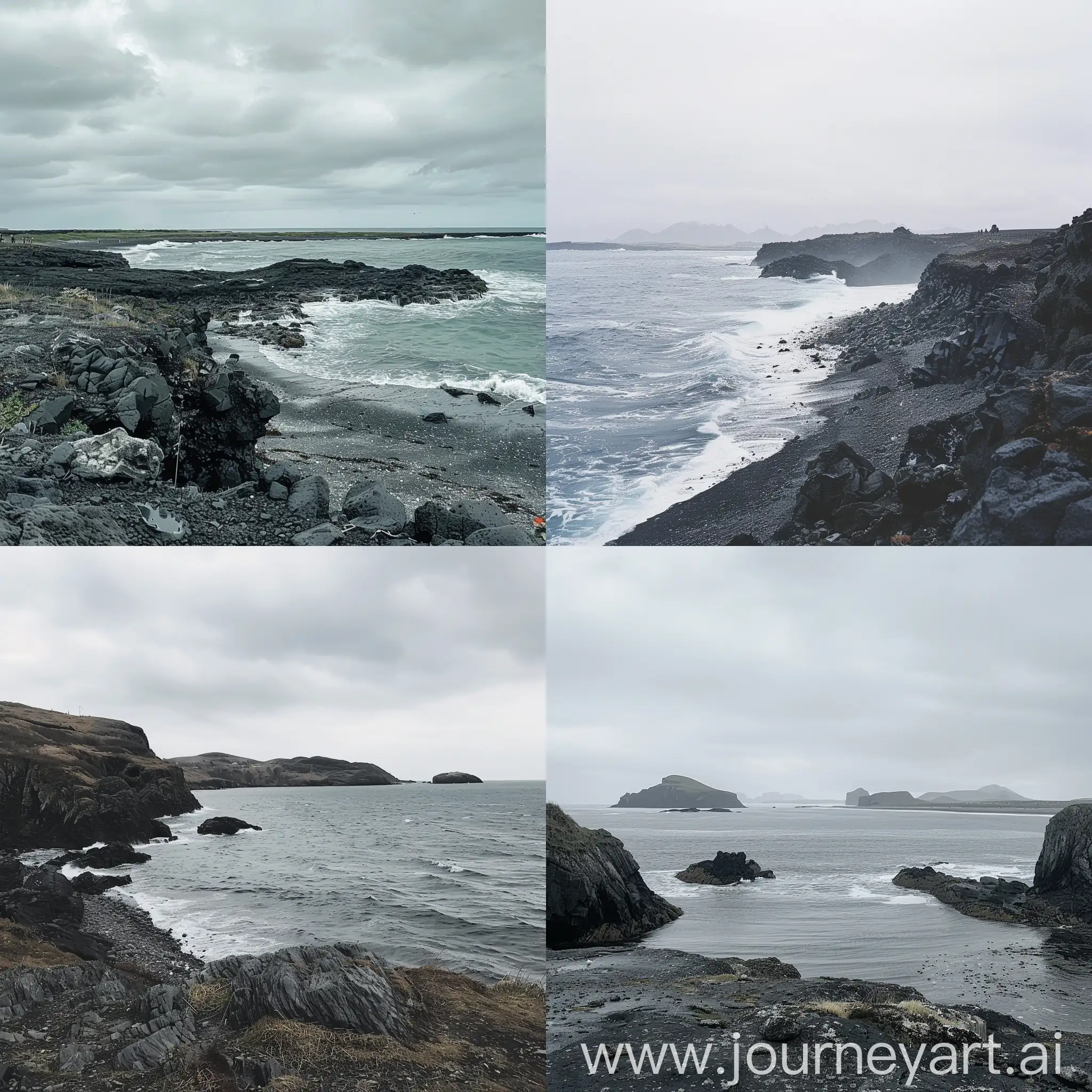  The black rock island of Jisée, in the distance you can see some waves crashing against rocks on an overcast day. The sea is gray and calm with white foam splashing from distant rocks. In front there's an empty part of land surrounded by water, with a little cloudy sky, and a few people walking along it. It’s an endless ocean stretching to infinity. There was no one around so I took pictures of the scenery with my phone camera in the style of no particular artist. 