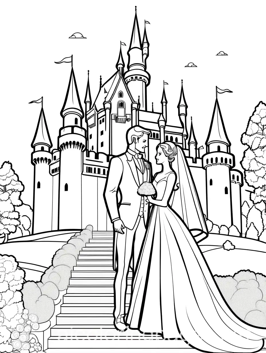a wedding pair standing in front of a bautiful castle, Coloring Page, black and white, line art, white background, Simplicity, Ample White Space. The background of the coloring page is plain white to make it easy for young children to color within the lines. The outlines of all the subjects are easy to distinguish, making it simple for kids to color without too much difficulty