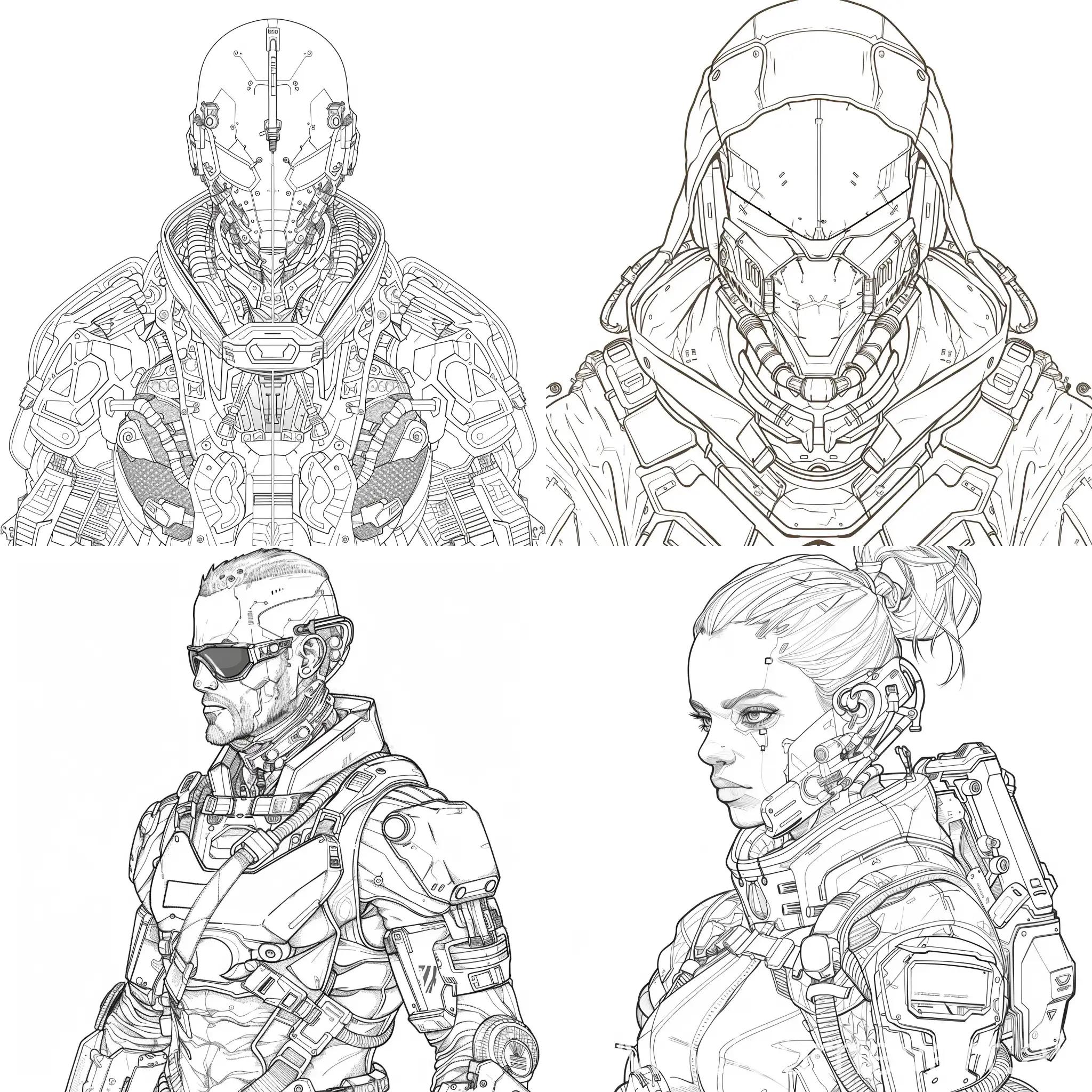 Cyberpunk-Warrior-Coloring-Page-for-Printing-Black-and-White-Vector-Image