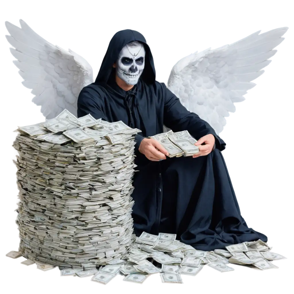 angel of death sitting on a pile of money