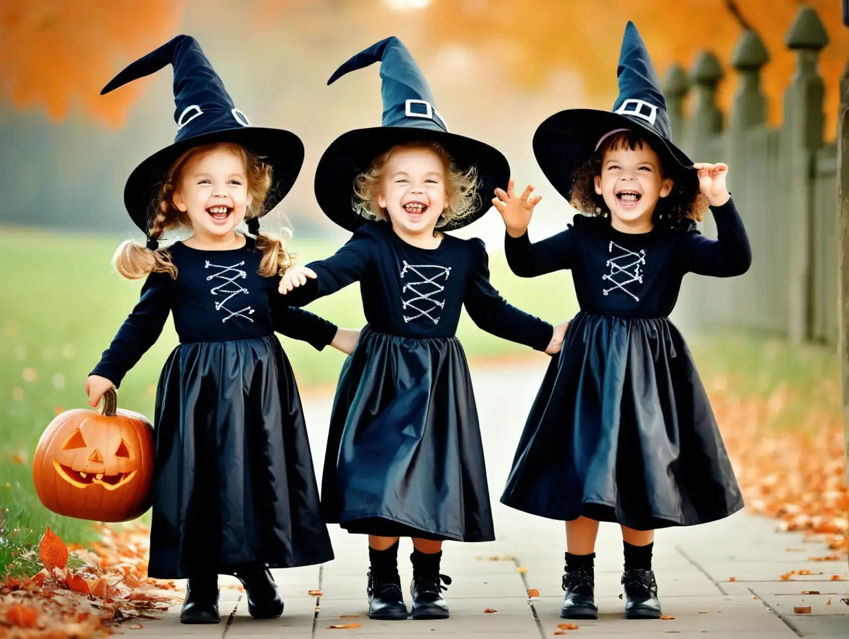Joyful Little Girls in Witch Costumes Laughing