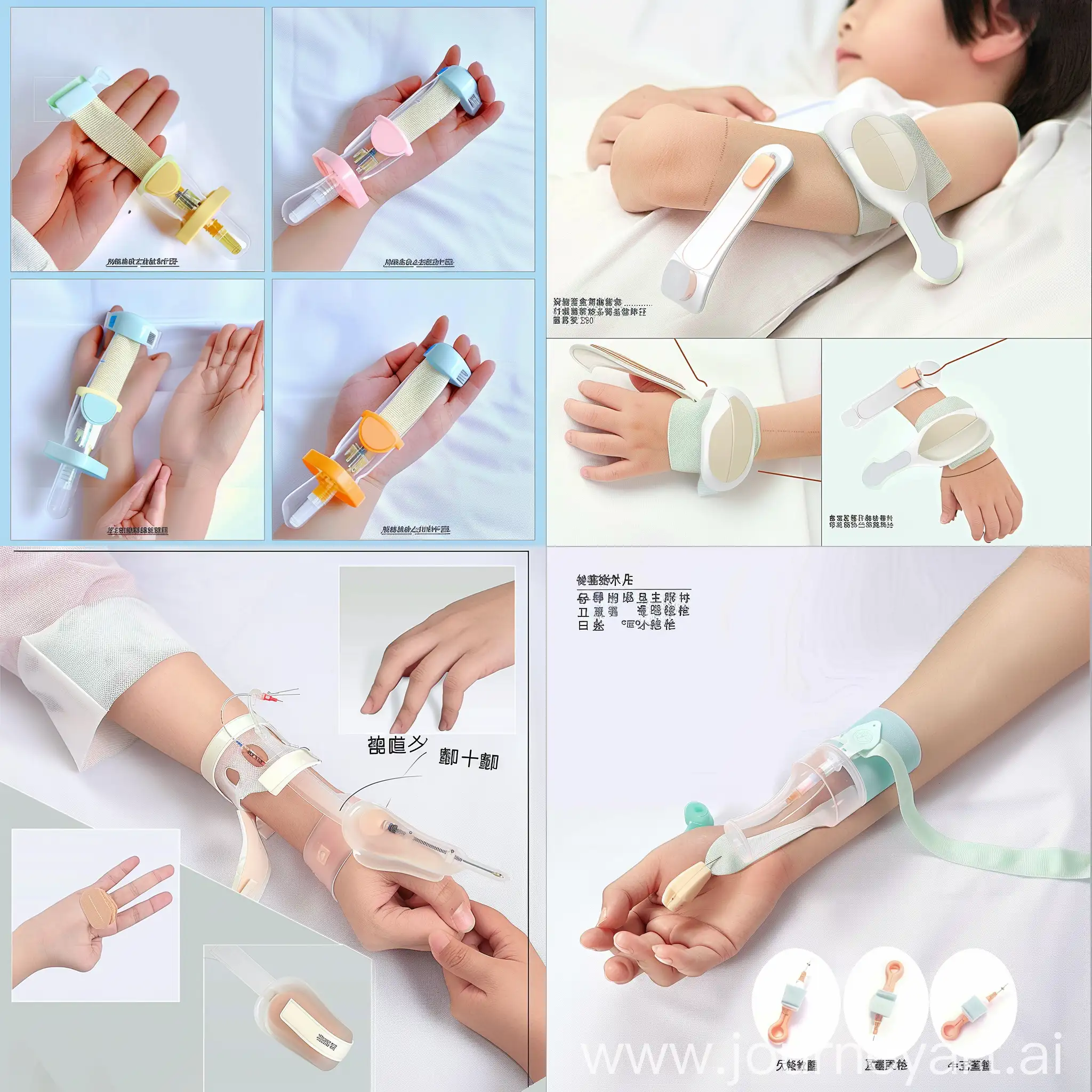 Interesting infusion fixator, designed into the shape of two slender strap, can fix the infusion tube on the wrist, while changing the length of the strap according to the size of the child's wrist, to solve the problem of children moving needles out of the infusion, but also to solve the problem of ordinary tape easy to fall off after sweating, the skin becomes itchy element extraction, do not be too specific product design hand-drawn, Sketch scheme, product design, white background, lovely simplicity, reusable, element extraction, not too specific, a little abstract