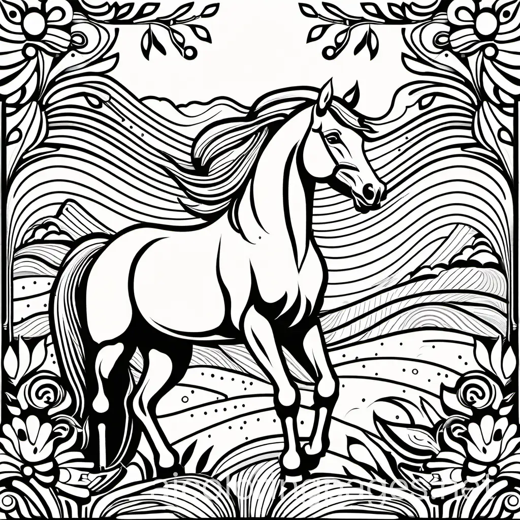 Adult Coloring Pages: Horses, Coloring Page, black and white, line art, white background, Simplicity, Ample White Space. The background of the coloring page is plain white to make it easy for young children to color within the lines. The outlines of all the subjects are easy to distinguish, making it simple for kids to color without too much difficulty