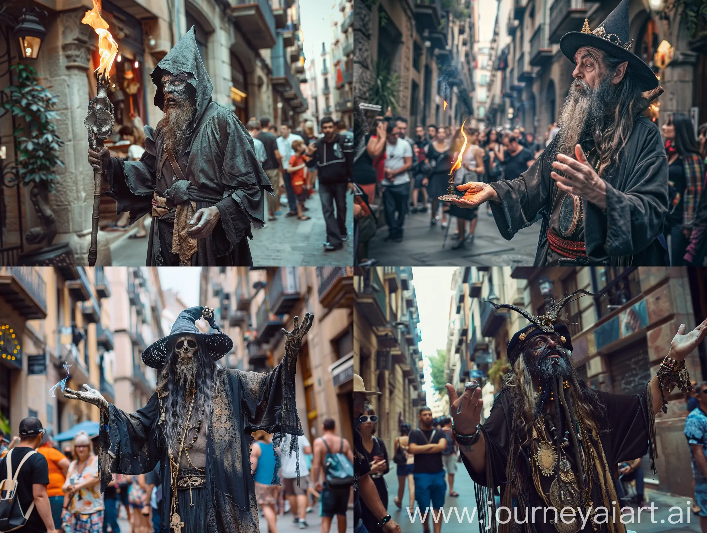 A russian warlock is doing a cursed ritual in the streets of Barcelona, the tourists are astonished, 8K, detailed and realistic