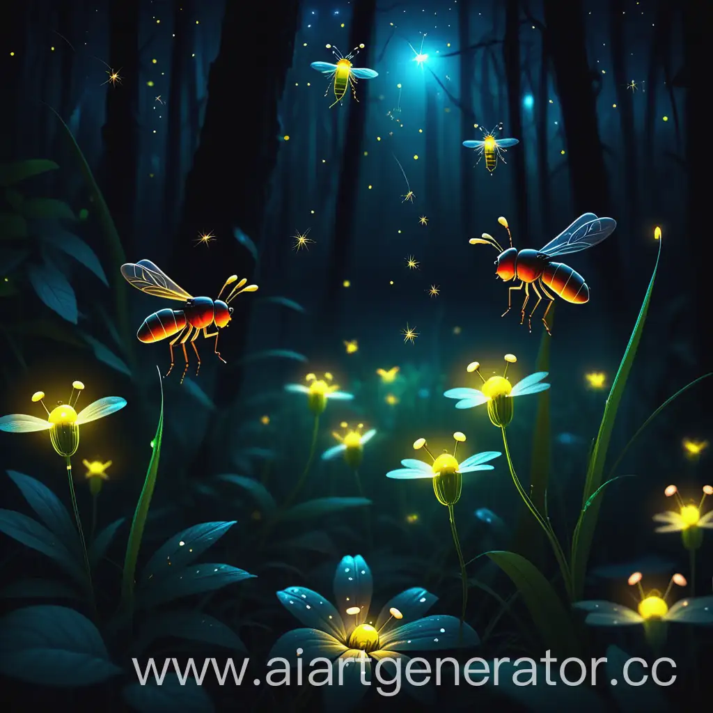 Small fireflies fly in the night forest, illuminating the flowers at night. Small firefly bugs with flashlights glow brightly in the dark.