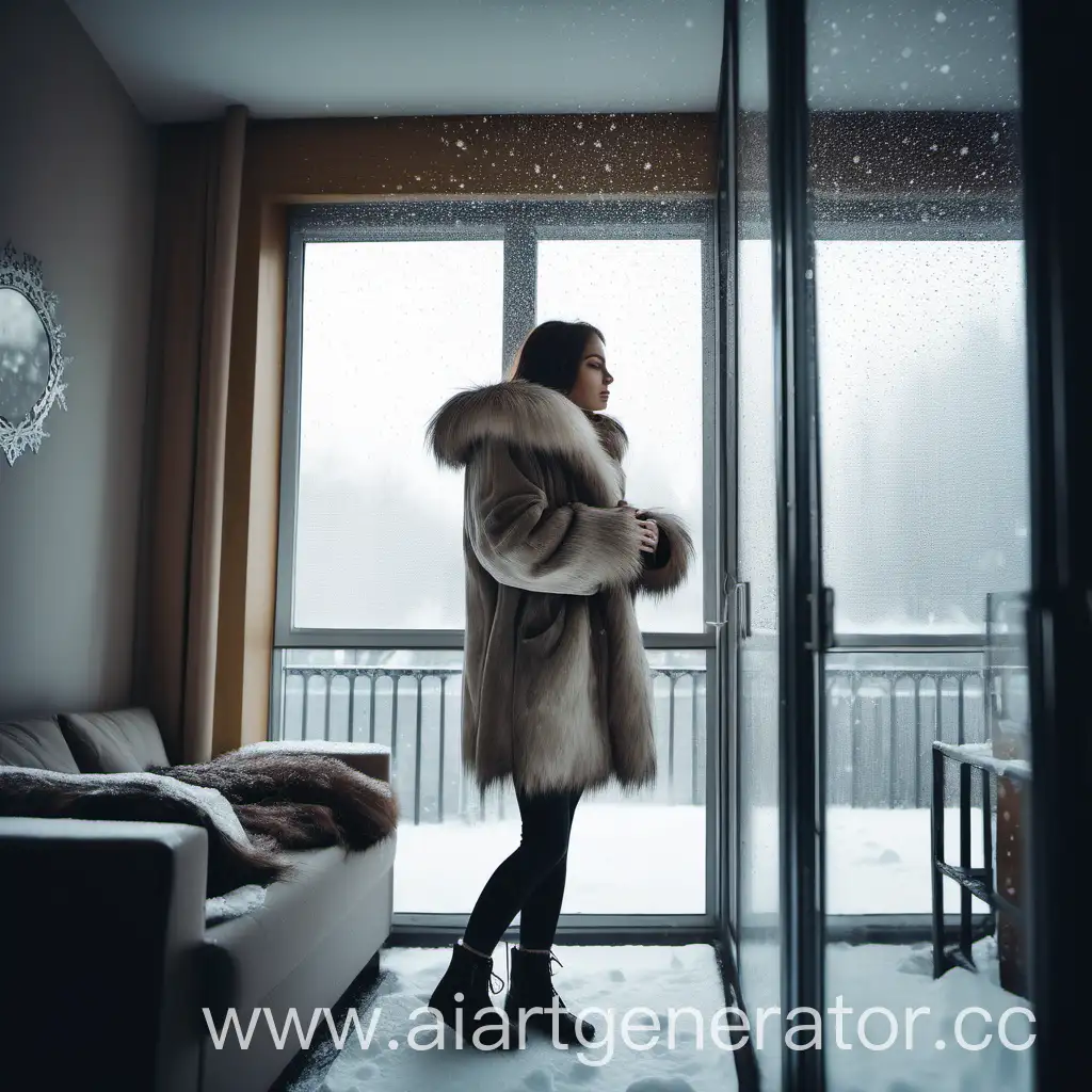 Girl-in-Fur-Coat-Watching-Snowfall-from-Apartment-Window