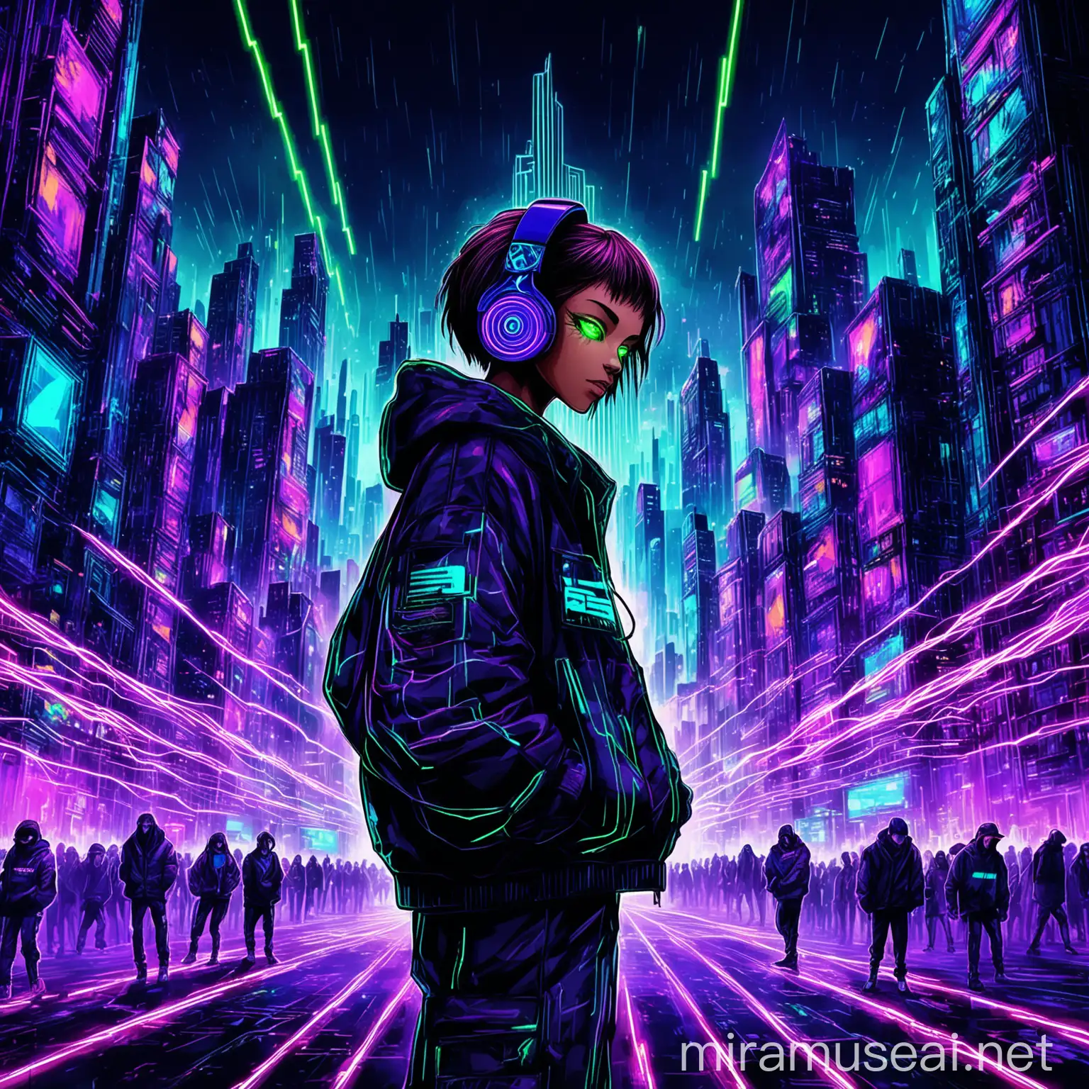 "Create an anime-style image for a Spotify playlist dedicated to 4x4 Drum and Bass music. The scene is set in a futuristic urban environment, where the night comes alive with the pulse of high-energy beats. In the center, an anime character exudes confidence and rhythm, headphones around their neck, one hand raised as if they're controlling the beats that surround them. Their eyes, glowing with a neon hue, match the vibrant energy of the city's lights. 

The background features towering skyscrapers, with windows that flicker in sync with the bass lines, and streets that thrum with the movement of people and neon-lit vehicles. The air is charged with electricity, and abstract, digital sound waves emanate from the character, intertwining with the cityscape to visualize the powerful, driving rhythms of 4x4 Drum and Bass. 

The character's style is a blend of cyberpunk and streetwear, reflecting the cutting-edge and underground nature of the music. Their pose and expression convey a deep connection to the music, as if they're not just listening to the beats, but are a part of them. 

Incorporate a color palette that's both vibrant and dark, with deep purples, electric blues, and neon greens, capturing the exhilarating, nocturnal essence of Drum and Bass. The overall effect should be dynamic and immersive, inviting viewers to dive into a playlist that's all about losing yourself in the rhythm and energy of the night."