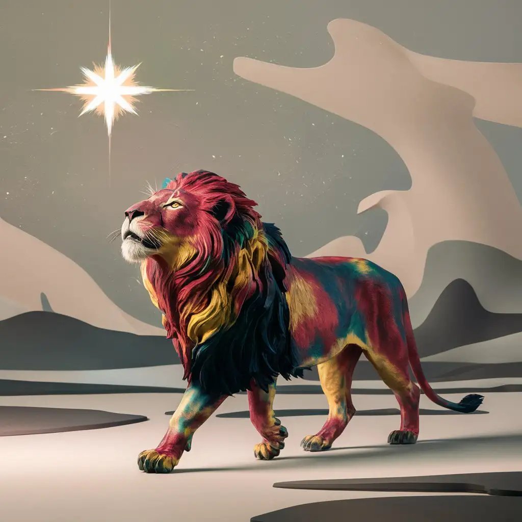 A red, blue, yellow and green classy, artistic, expressive, bubbly, fun, minimalist, tie dye picture of a Lion walking at night while looking up at a bright star shining down on it.
