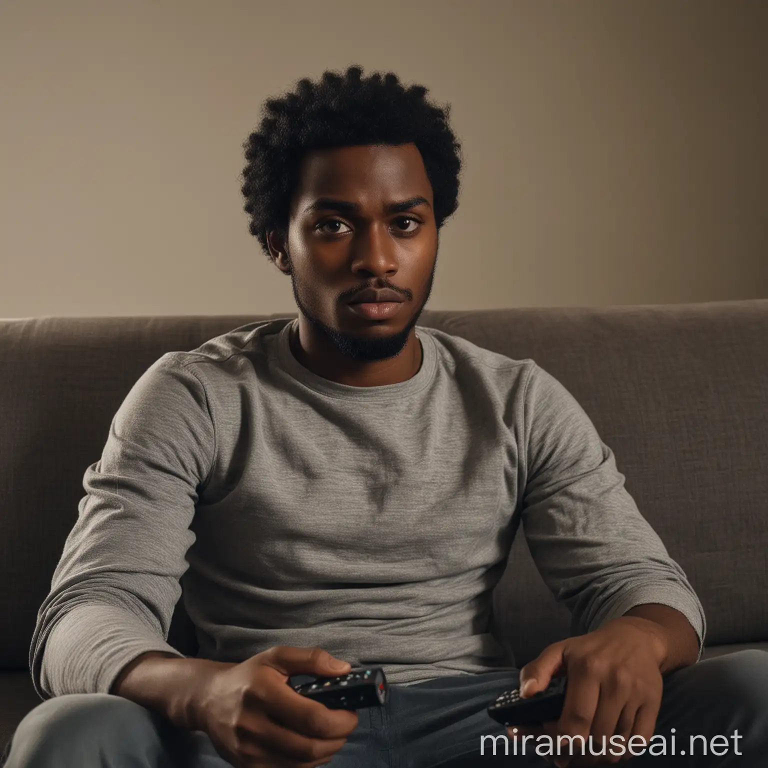 Serious Black Man Holding Remote on Couch