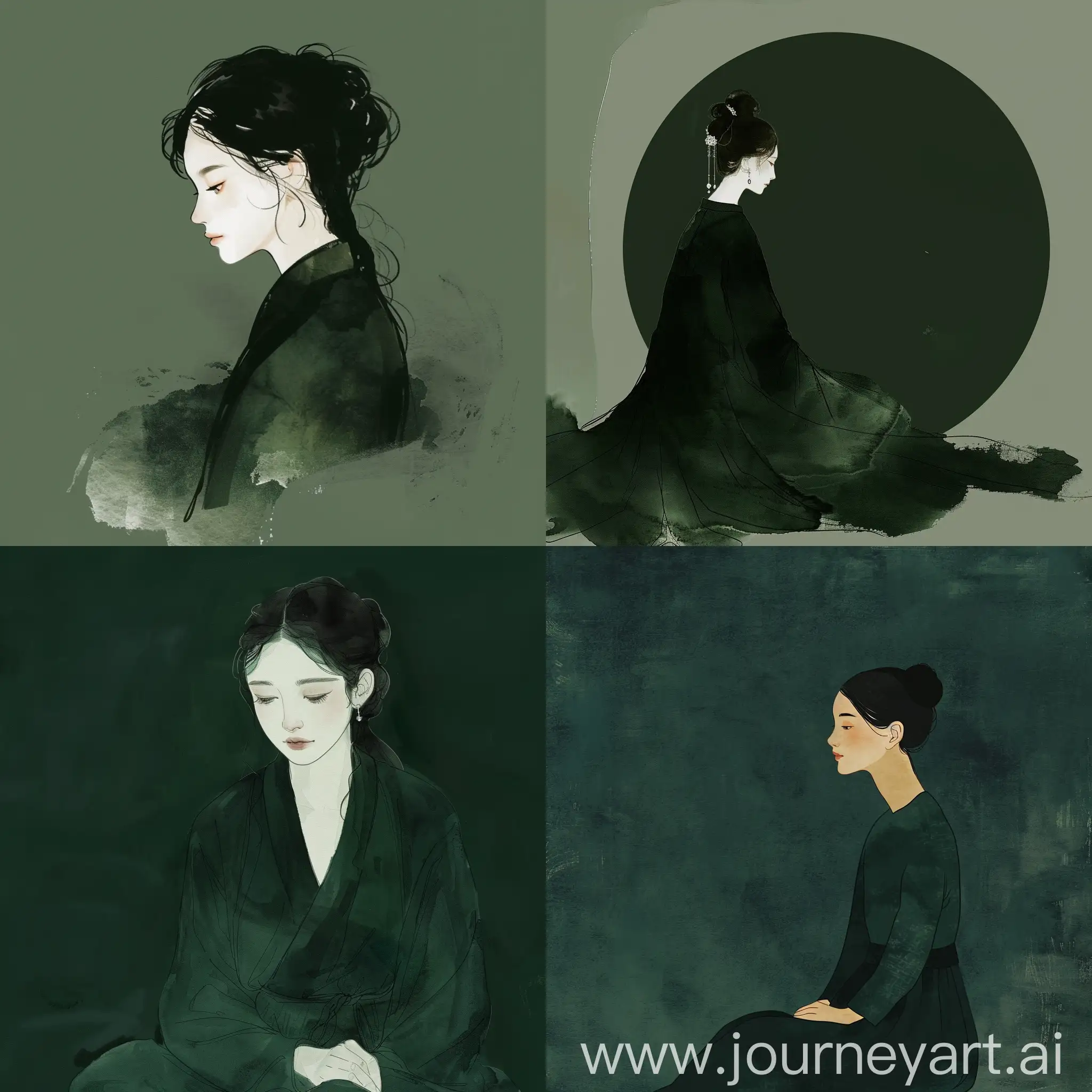 Portrait of an ancient beauty,Guo Moro,minimalist composition,romantic,chic, alone,dark green,Hanfu,ink portrait, minimalist ink
