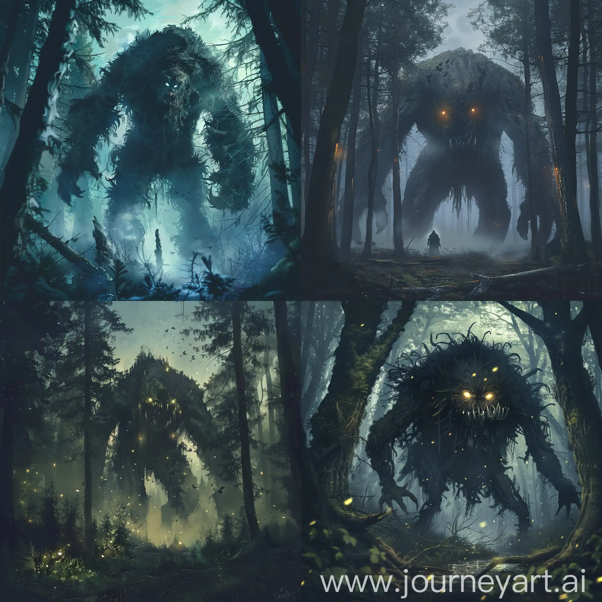 Создай лесное  чудище в темном лесу с назавнием посередине FOREST