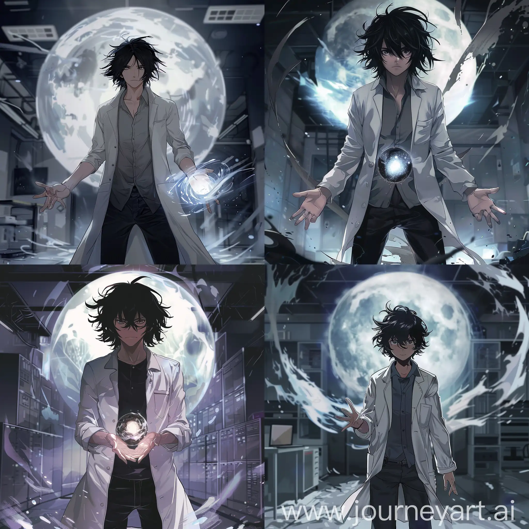 The guy is 20 years old, black disheveled shoulder-length hair with dark gray strands, dark gray eyes. He is dressed in a light gray shirt, black jeans and a white lab coat, hands in front of him, a ball of darkness between his hands. In the background is a large room, in the middle of which a large ball is flying, half consisting of light, half of darkness, with slightly blurred contours