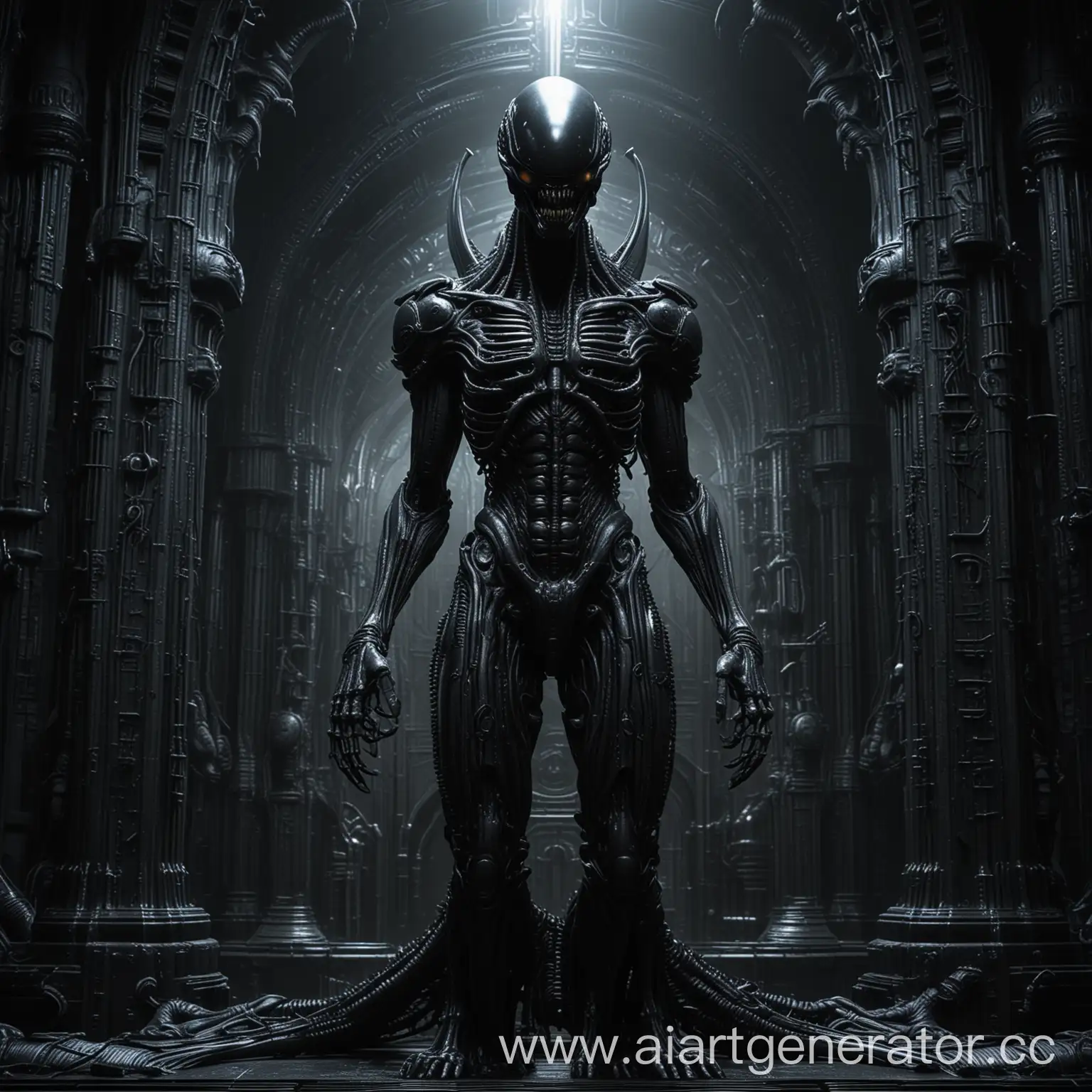 Biomechanical-Alien-Xenomorph-Statue-in-Infernal-Gothic-Cathedral