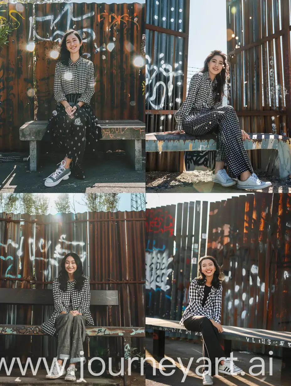 Stylish-Indonesian-Woman-Poses-by-Graffiti-Fence-in-Casual-Fashion-Shoot