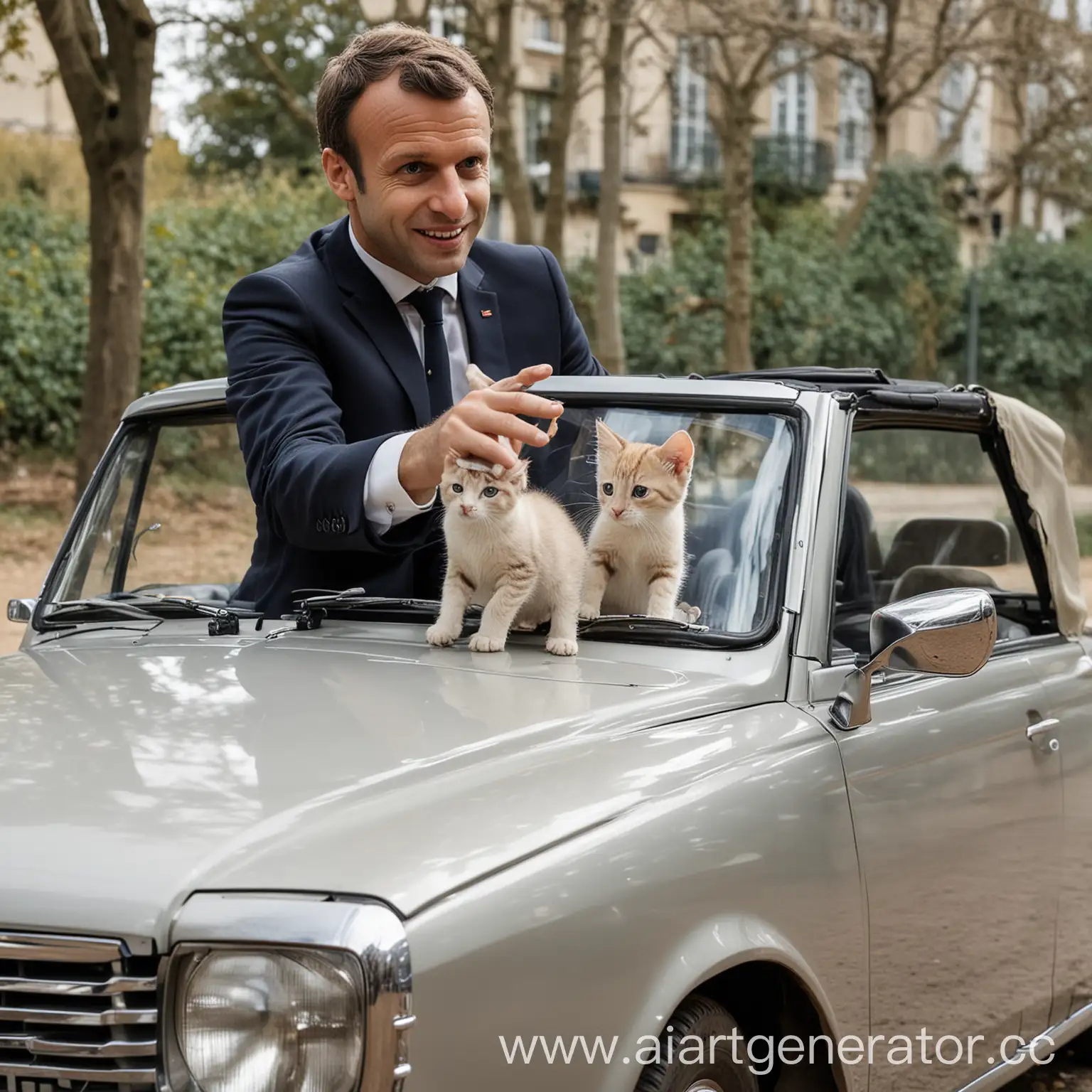a kitten eats a lot  and real face 
 40 yearsold Emmanuel Macron flies past from behind, reallook  hand fingers who is sitting on a Citroen lux president car,