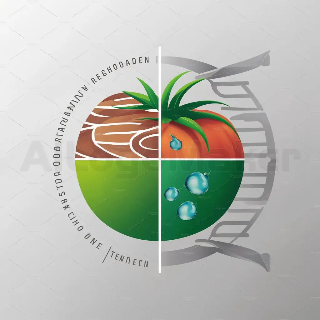 a logo design,with the text "Center is a half-abstract tomato emblem, color in fresh green. One side of the tomato emblem is simplified terrain pattern, color in brown. The other side is several droplets diagram, color in transparent blue, symbolizing water content. DNA double helix pattern lies around the tomato emblem in line form, color in light gray, not grabbing the main image's attention. Text ‘Tomato drought resistance research’ or project abbreviation is presented in simple sans-serif font, color in deep green, echoing with the tomato emblem.", main symbol:Tomato image: The center of the logo is a simplified tomato image, representing the main subject of research. Drought symbolism: One side of the tomato image can be designed as drought-like land pattern, and the other side is several droplets of water, symbolizing drought resistance and water content. DNA spiral: In the background of the tomato image, incorporate a simplified DNA double helix pattern, representing gene editing and biological technology applications. Color: Mainly use green and brown colors. Green color represents tomato and growth, brown color represents dry soil. Text: At the bottom or top of the logo, write in a simple font 'Tomato Drought Tolerance Research' or project name abbreviation such as 'TDTR'.,Moderate,be used in Technology industry,clear background
