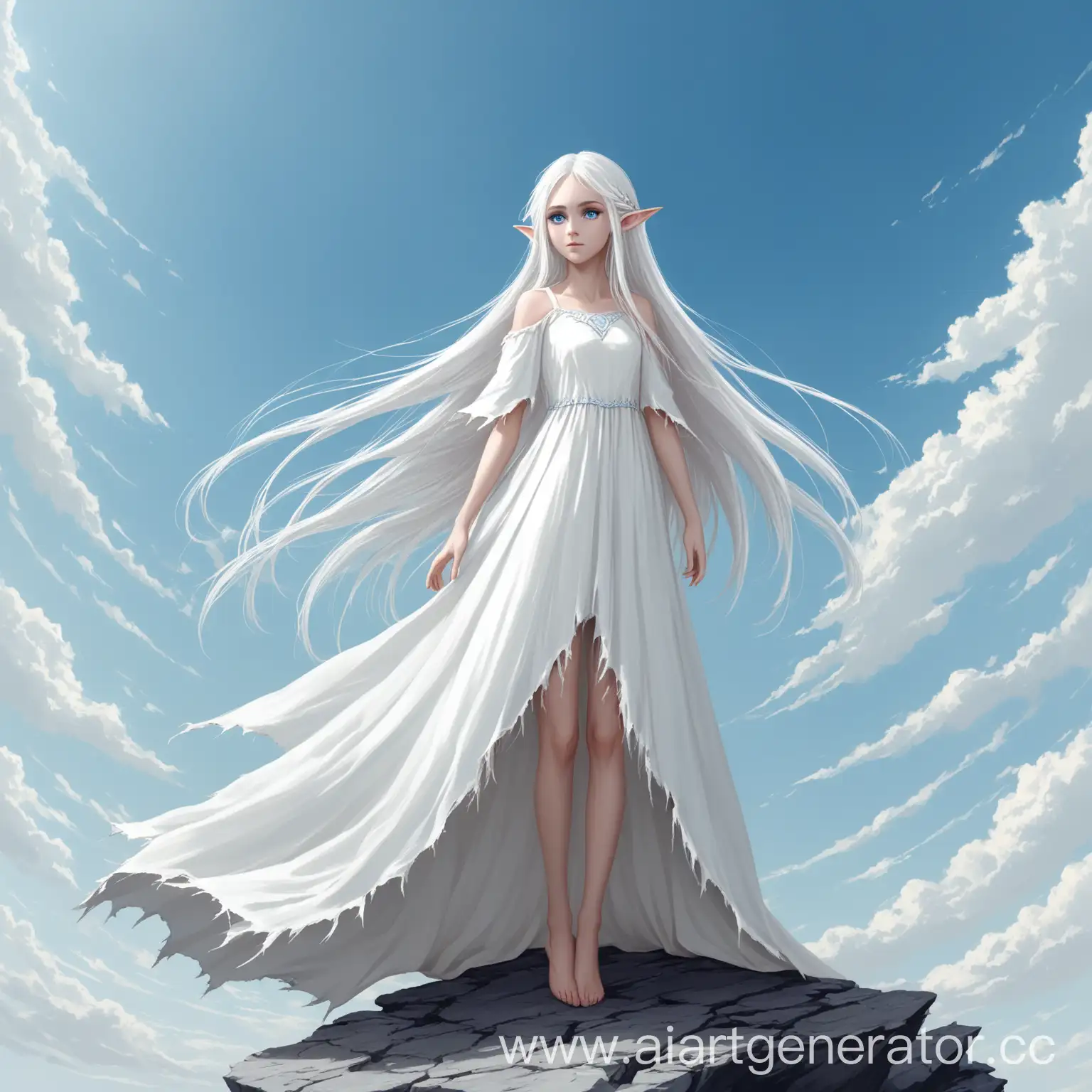 Красивая эльфийка в полный рост, с длинными белыми волосами, синими глазами, в белом платье с оборванным подолом, на фоне неба