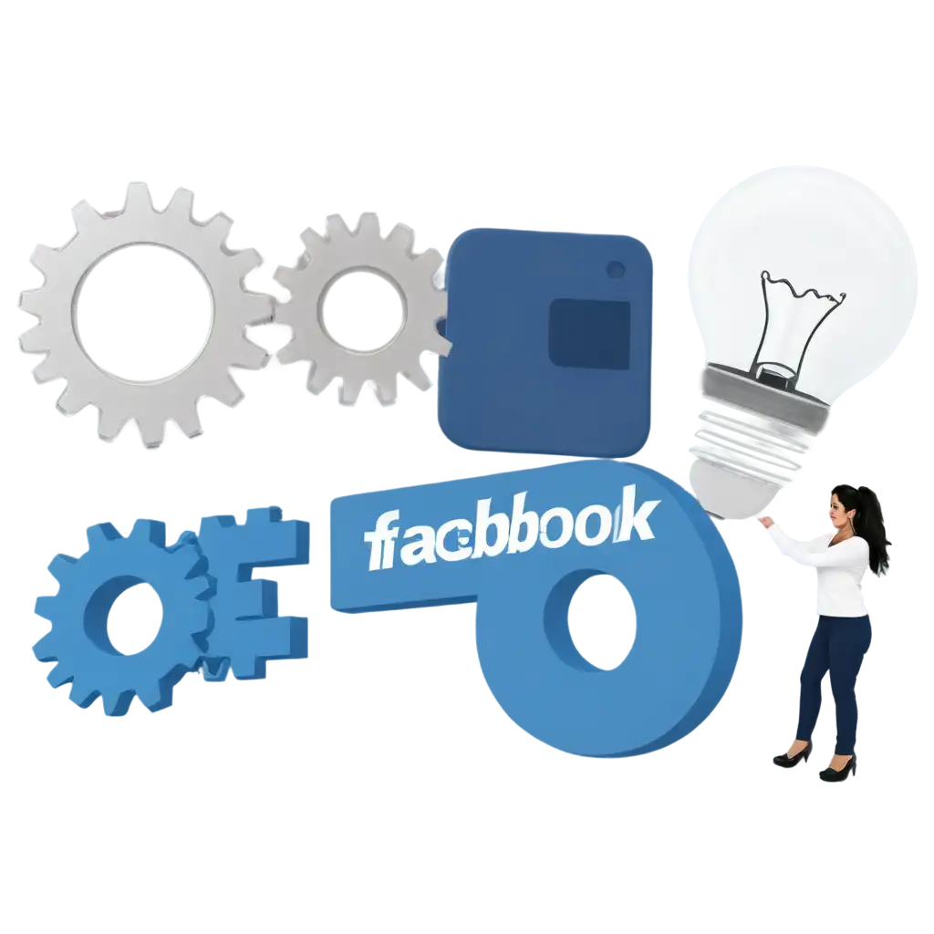 Create a vector image for technology for control Facebook account as a PNG file. The sample should include an isometric illustration of a person earning at a desk with a computer, Text "FaceBook" elements on the screen, gears and light bulb icons to represent ideas and innovation in technology management.
