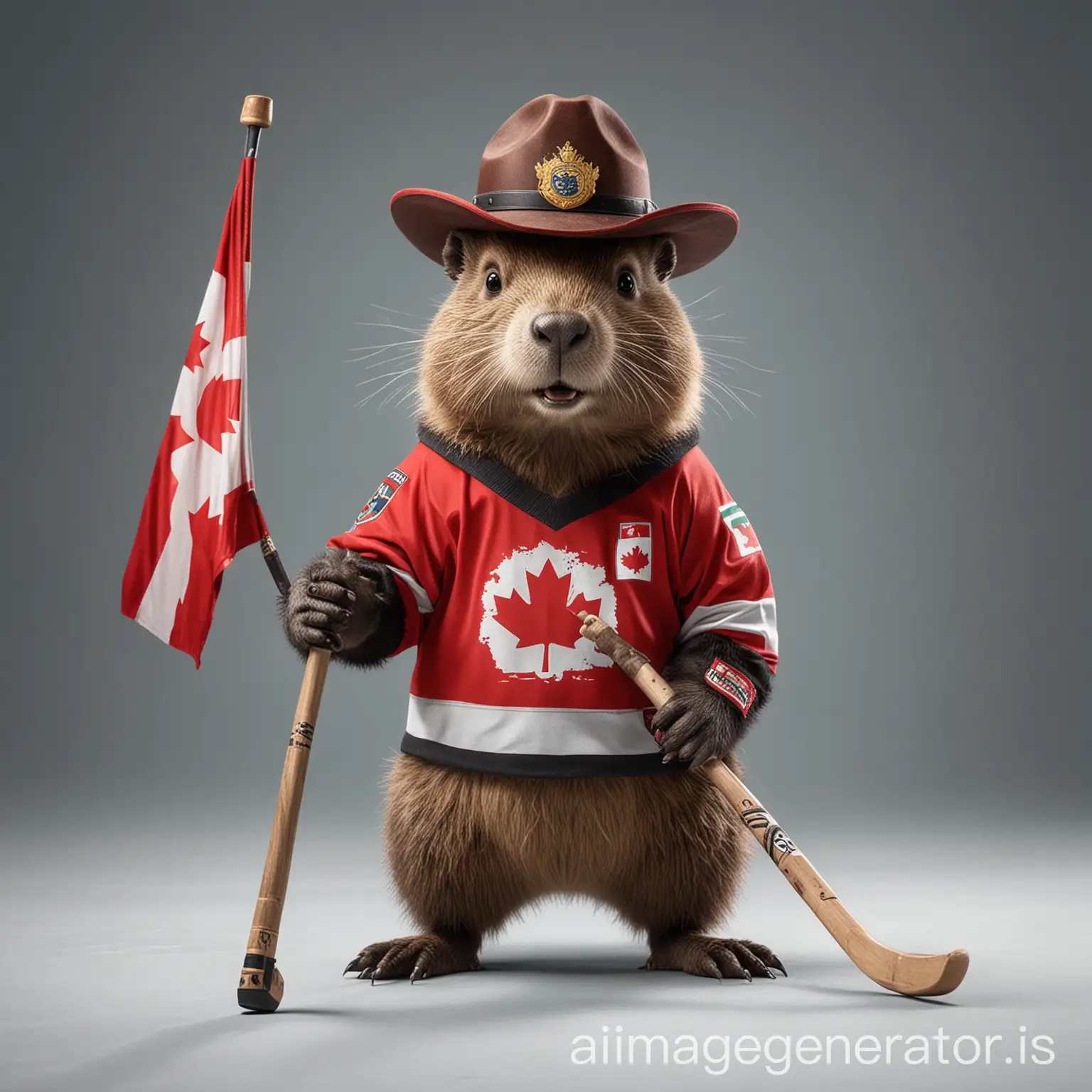 Beaver wearing a Canadian Mounted Police Hat, a Hockey jersey, holding a hockey stick in one hand with a Canadian flag attached to the top.
