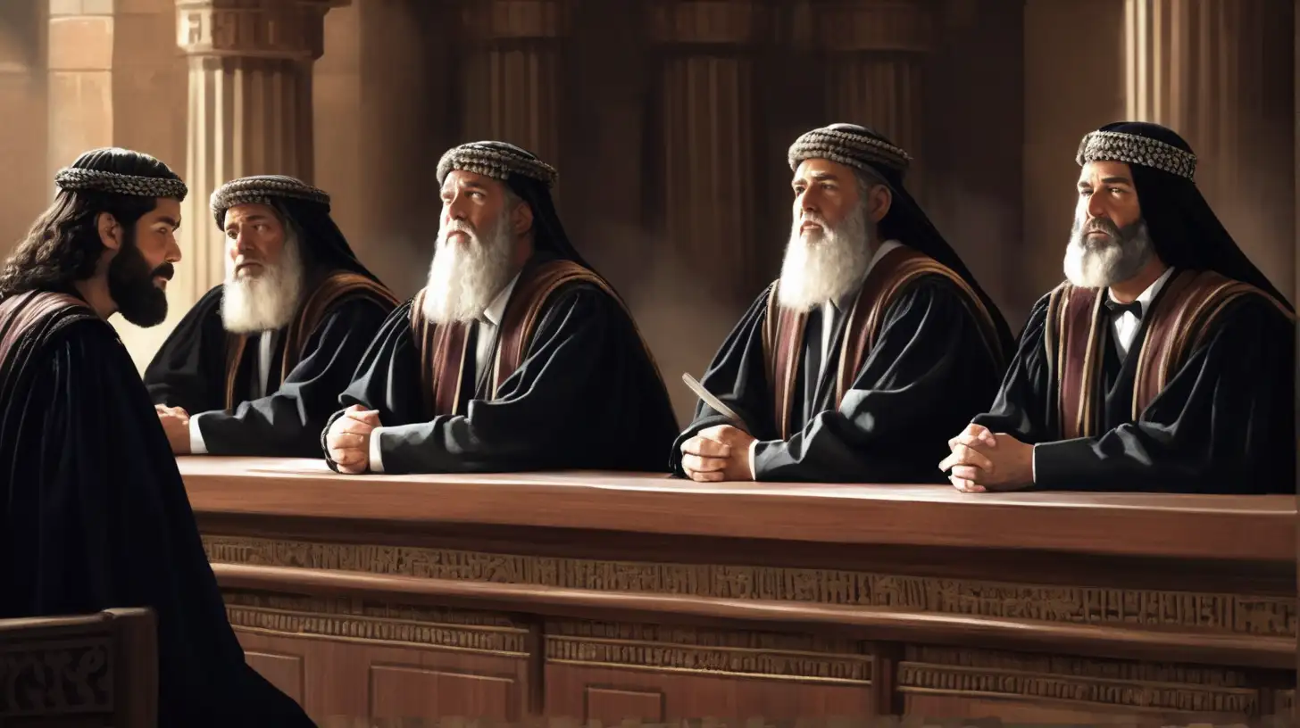 époque biblique, trois juges hébreux, beaux visages, assis en ligne dans un tribunal hébreu