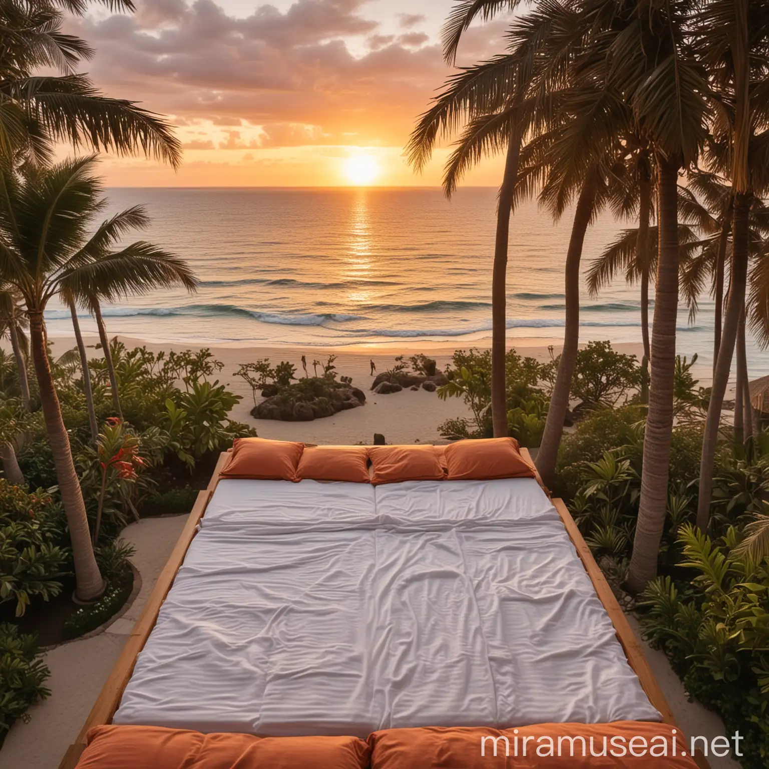 Tropical Hotel Bed Overlooking Sunset Ocean View with Palm Trees