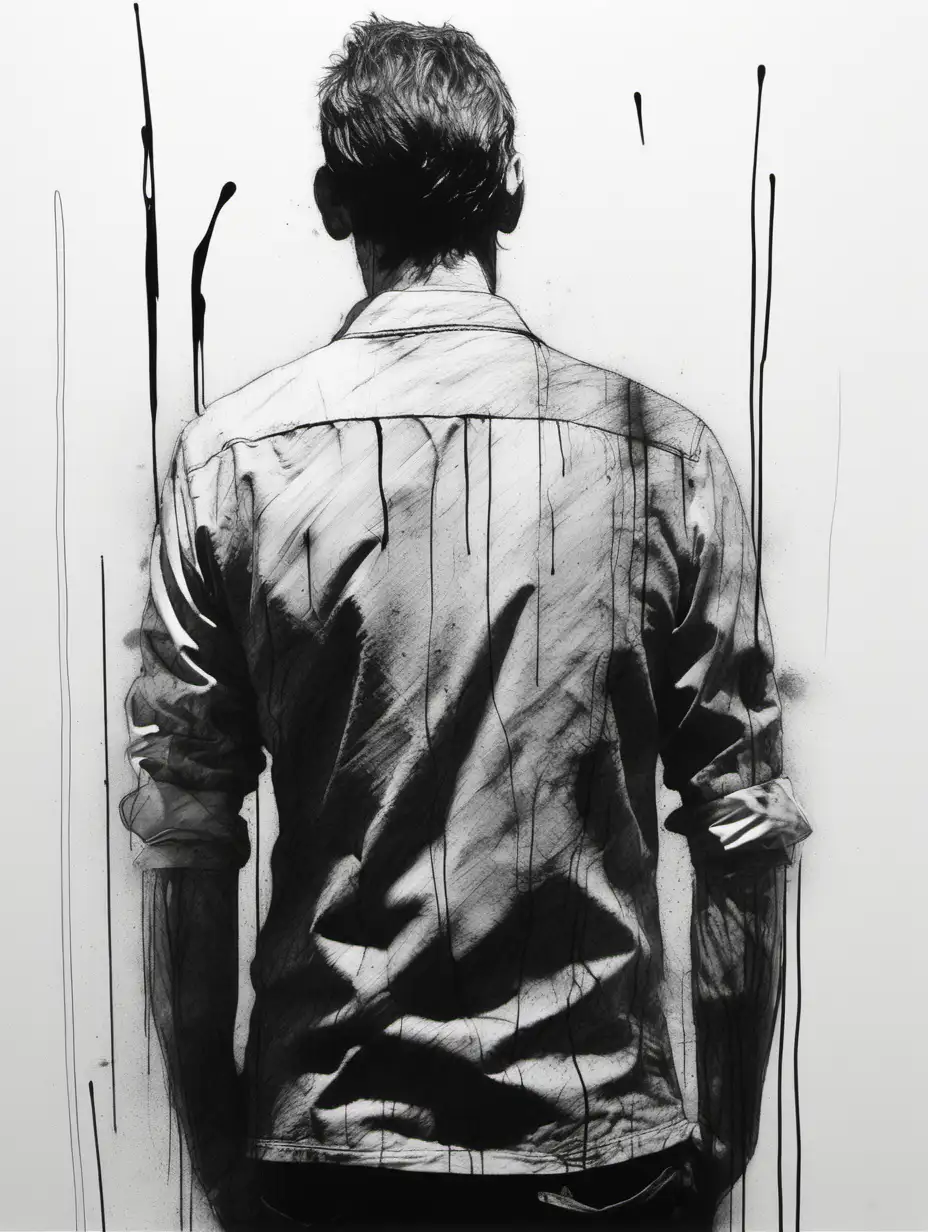 Drawing of a man in his thirties standing looking from the back painted in black and white with rough brush lines with paint leaks