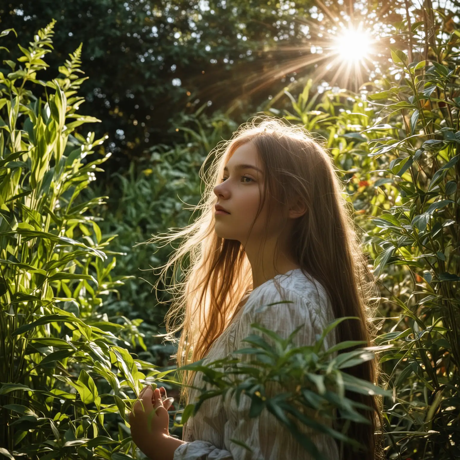 Girl Standing in Sunlit Garden Amidst Lush Foliage